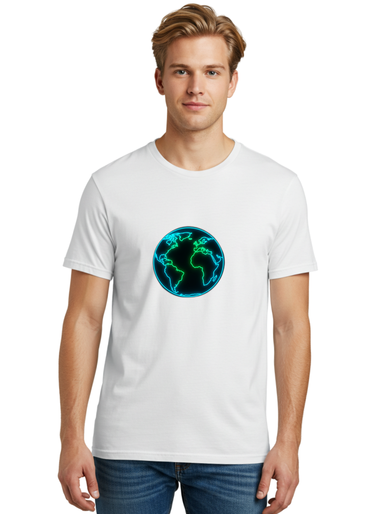 Glowing-Earth Men'S Graphic Tee, 100% Cotton, Comfortable Casual Summer Wear, Machine Washable, Glowing Earth, Neon Map, Global Technology, Digital Planet, Africa And South America Centered, Futuristic Design, Blue And Green Glow Baa765 30