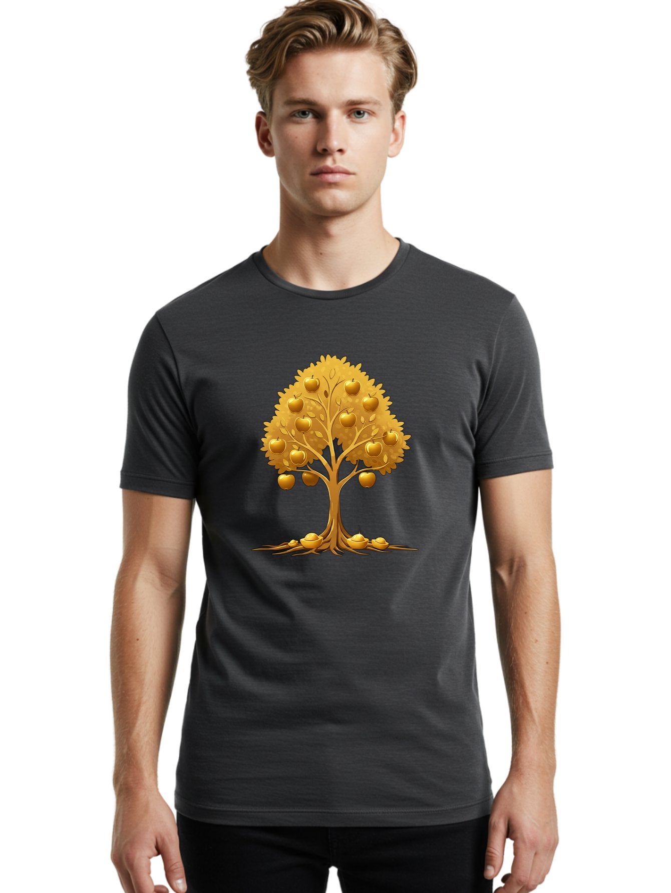 Golden-Apple-Tree Men'S Graphic Tee, 100% Cotton, Comfortable Casual Summer Wear, Machine Washable, Golden Apple Tree, Fruiting Tree, Lush Foliage, Abundant Harvest, Tree Roots, Golden Apples, Autumnal Theme, Symbol Of Prosperity Baa766 27