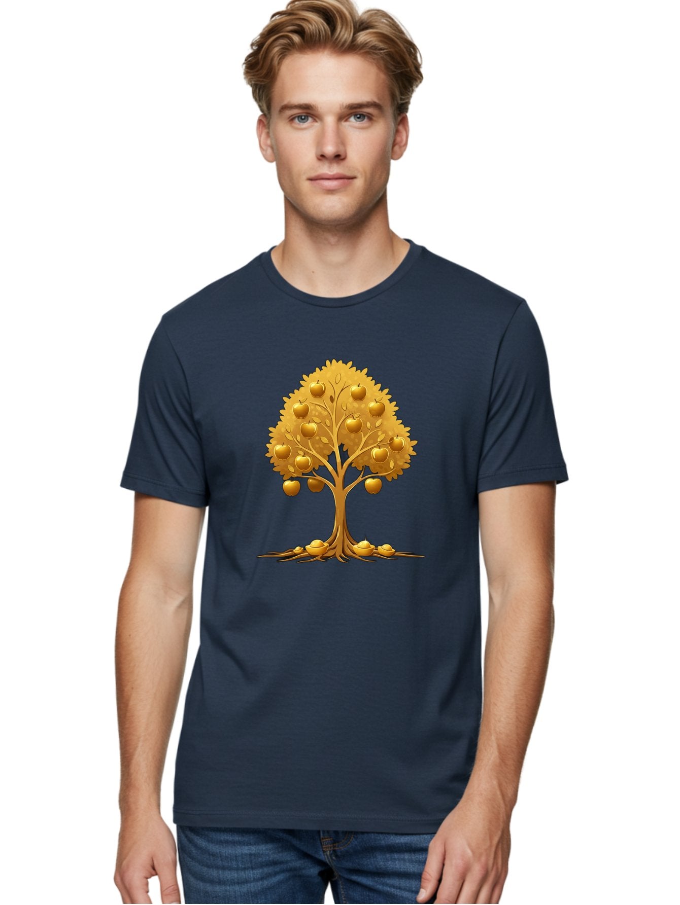 Golden-Apple-Tree Men'S Graphic Tee, 100% Cotton, Comfortable Casual Summer Wear, Machine Washable, Golden Apple Tree, Fruiting Tree, Lush Foliage, Abundant Harvest, Tree Roots, Golden Apples, Autumnal Theme, Symbol Of Prosperity Baa766 22