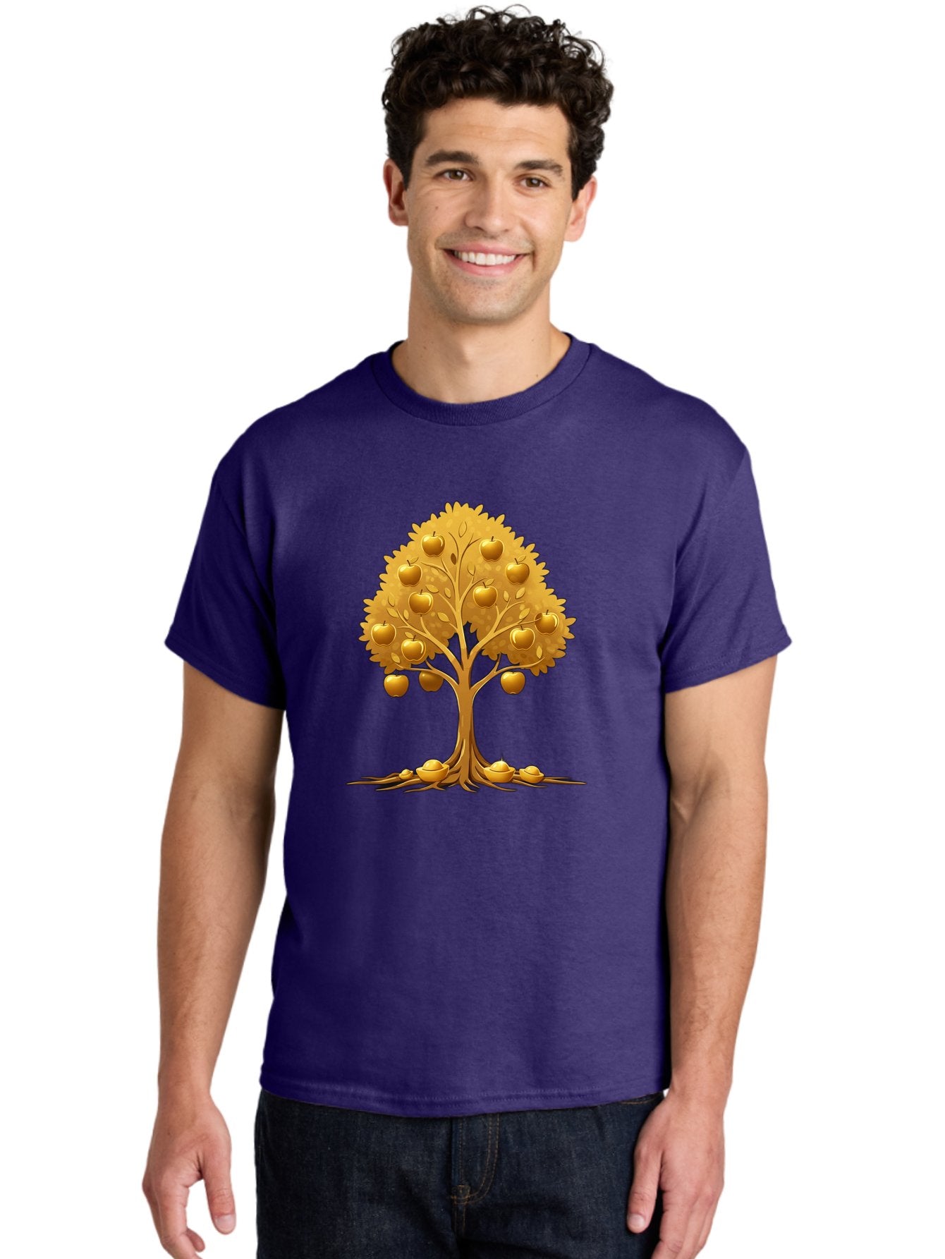 Golden-Apple-Tree Men'S Graphic Tee, 100% Cotton, Comfortable Casual Summer Wear, Machine Washable, Golden Apple Tree, Fruiting Tree, Lush Foliage, Abundant Harvest, Tree Roots, Golden Apples, Autumnal Theme, Symbol Of Prosperity Baa766 28