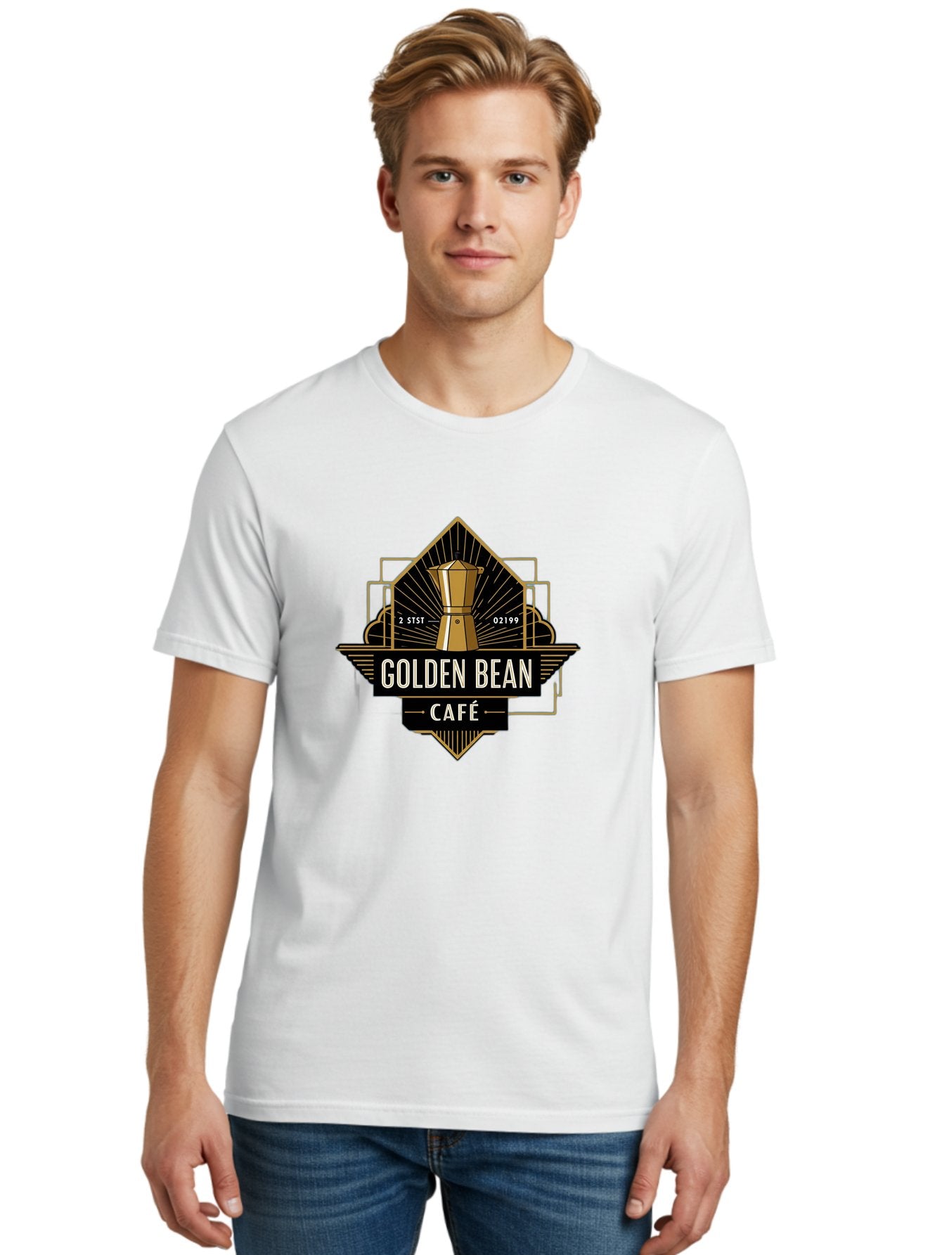 Golden-Bean-Cafe Men'S Graphic Tee, 100% Cotton, Comfortable Casual Summer Wear, Machine Washable, Coffee Shop Logo, Coffee Bean, Cafe Branding, Gold Accents, Art Deco Style, Vintage Flair, Coffee Culture, Cafe Experience, Specialty Coffee Baa767 29