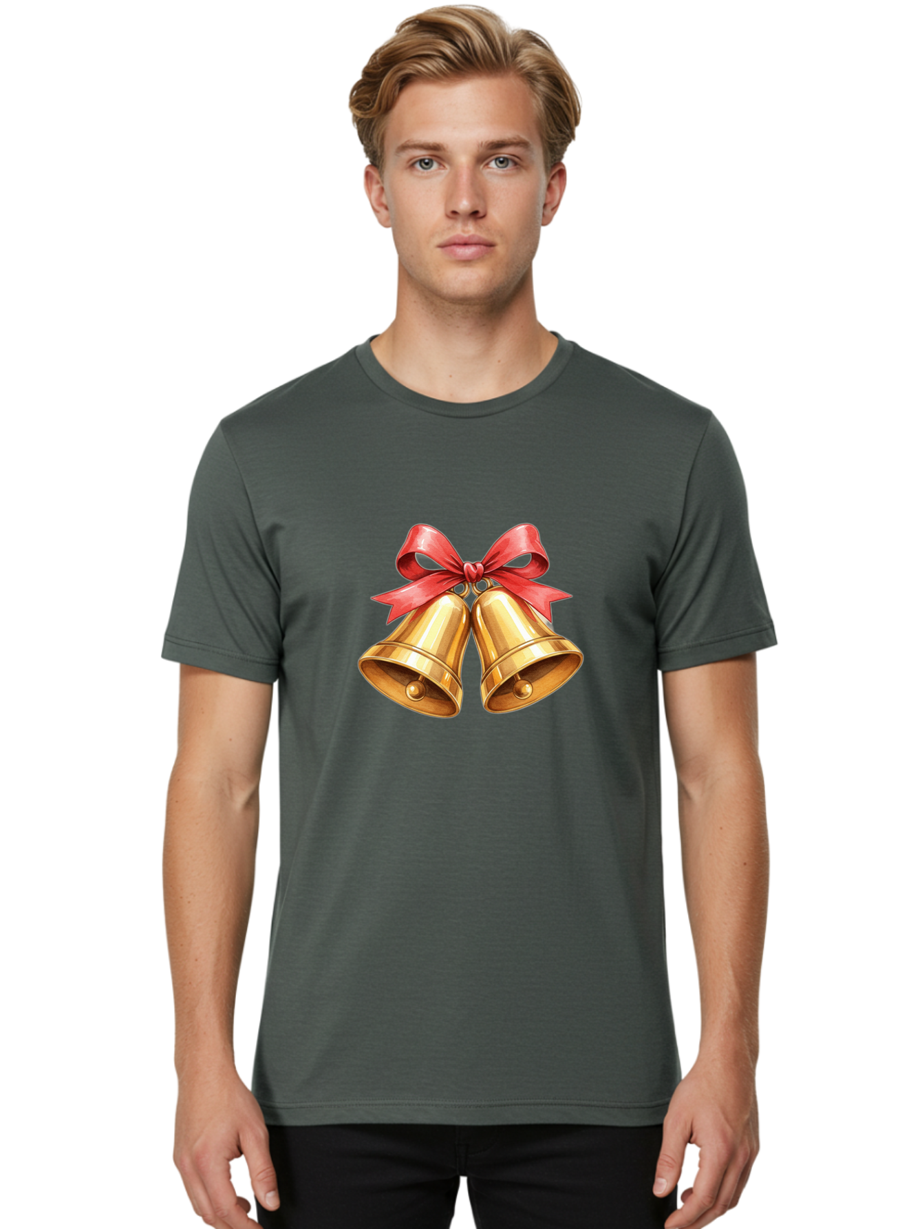 Golden-Bells-4 Men'S Graphic Tee, 100% Cotton, Comfortable Casual Summer Wear, Machine Washable, Golden Bells, Red Ribbon, Festive Decoration, Christmas Bells, Holiday Decor, Shiny Bells Baa771 10