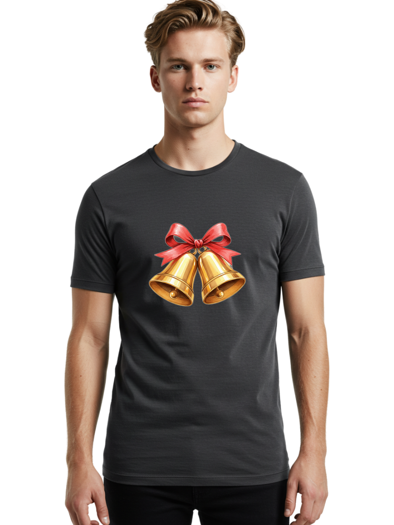 Golden-Bells-4 Men'S Graphic Tee, 100% Cotton, Comfortable Casual Summer Wear, Machine Washable, Golden Bells, Red Ribbon, Festive Decoration, Christmas Bells, Holiday Decor, Shiny Bells Baa771 24
