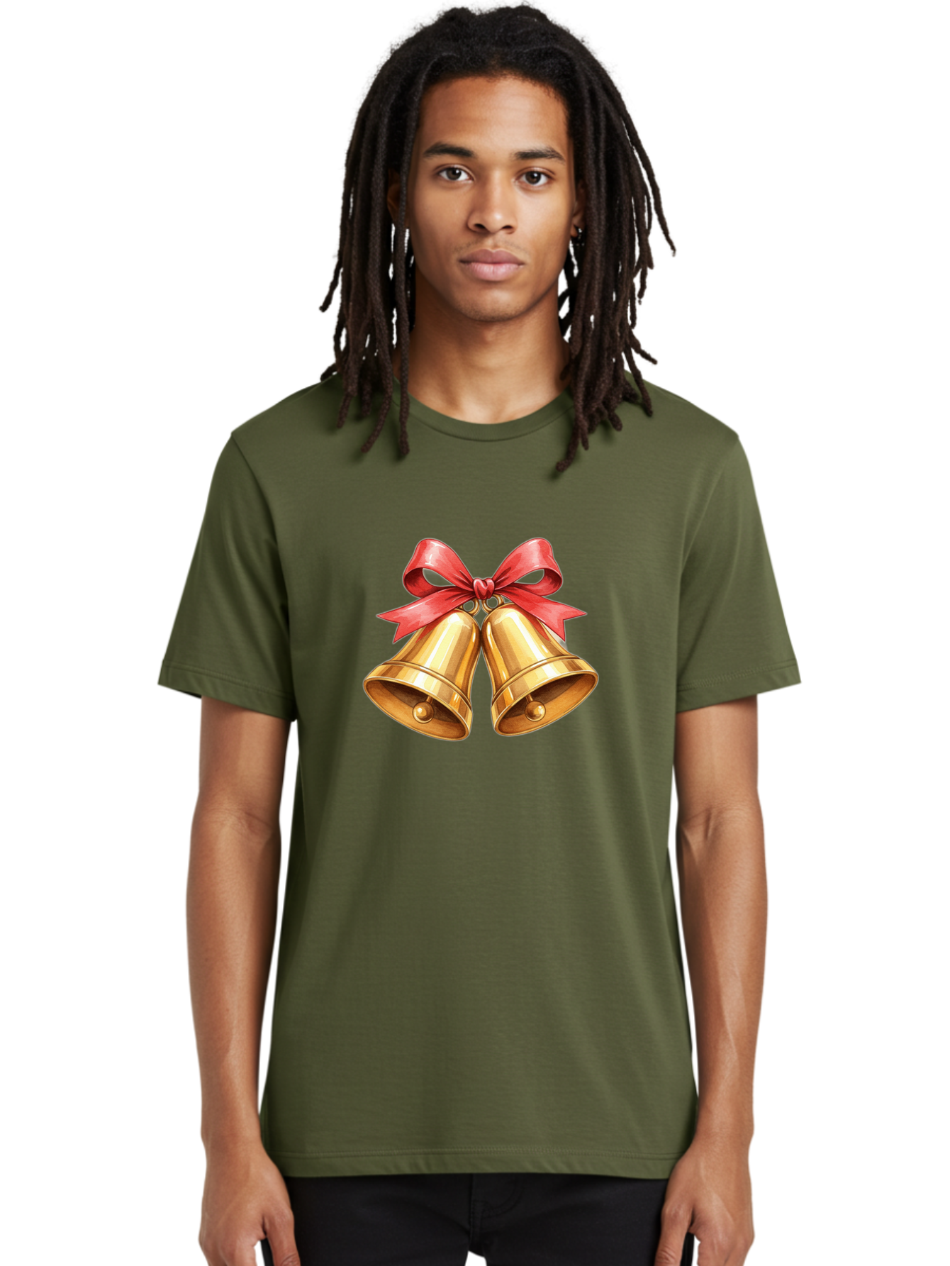Golden-Bells-4 Men'S Graphic Tee, 100% Cotton, Comfortable Casual Summer Wear, Machine Washable, Golden Bells, Red Ribbon, Festive Decoration, Christmas Bells, Holiday Decor, Shiny Bells Baa771
