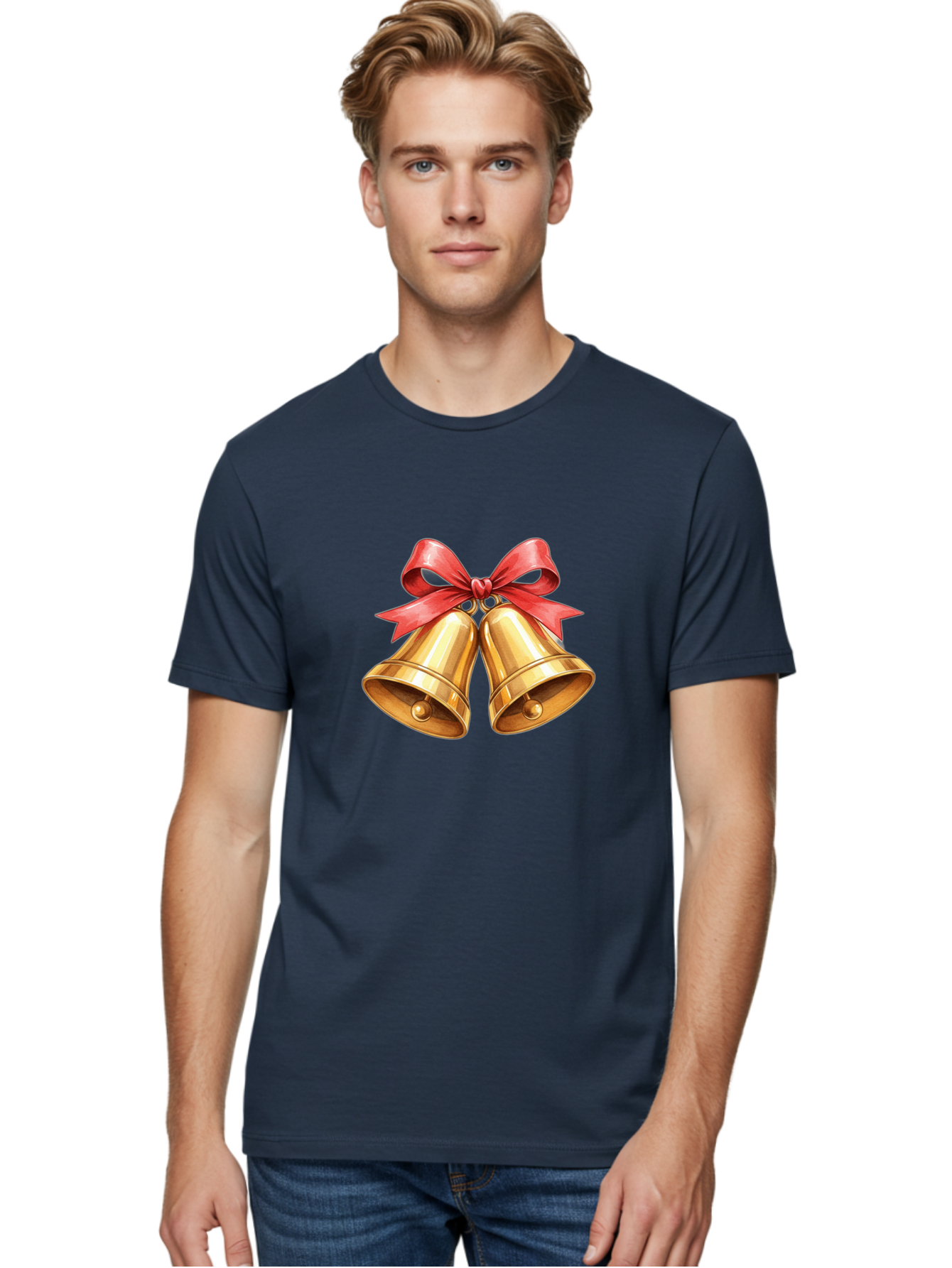 Golden-Bells-4 Men'S Graphic Tee, 100% Cotton, Comfortable Casual Summer Wear, Machine Washable, Golden Bells, Red Ribbon, Festive Decoration, Christmas Bells, Holiday Decor, Shiny Bells Baa771 4