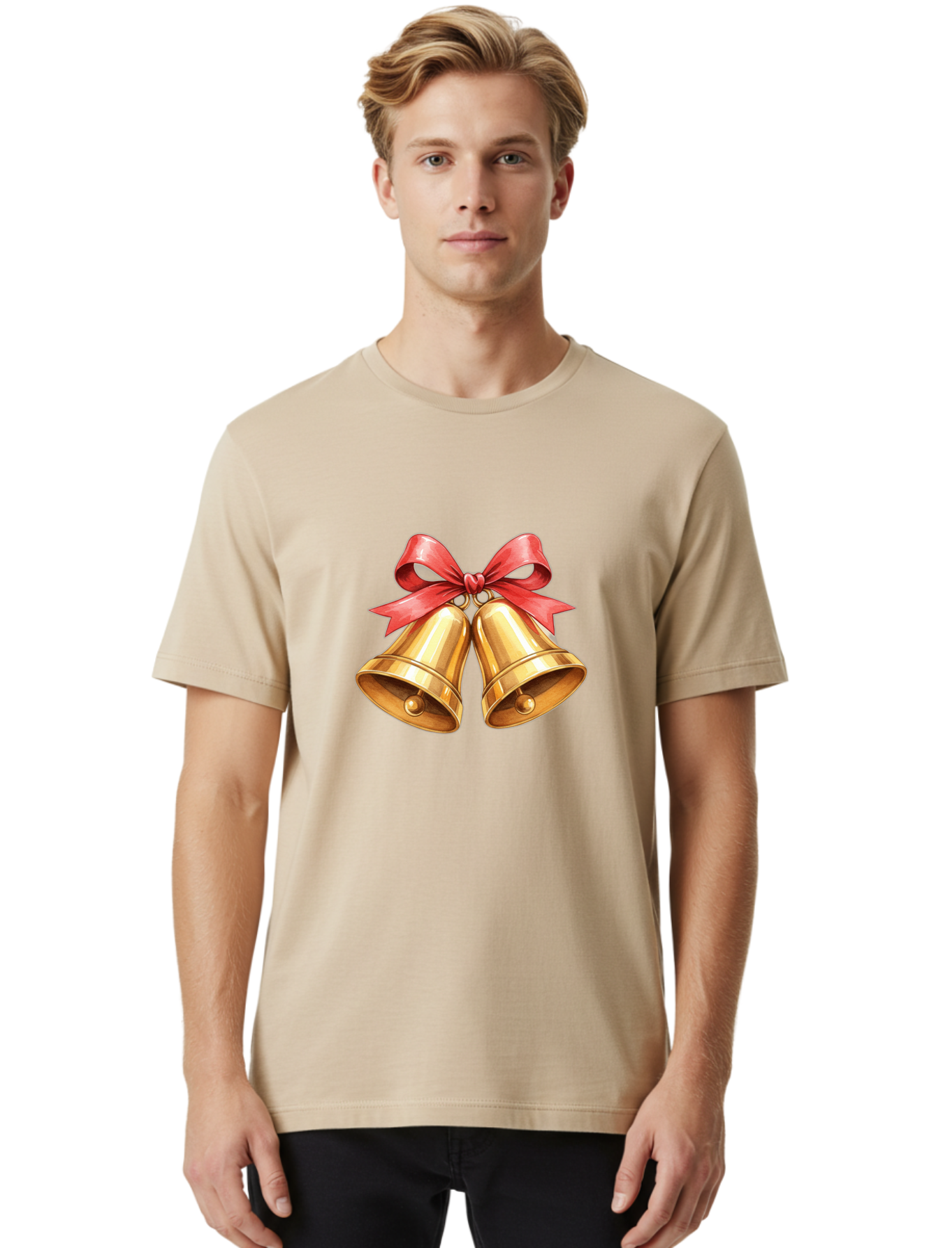 Golden-Bells-4 Men'S Graphic Tee, 100% Cotton, Comfortable Casual Summer Wear, Machine Washable, Golden Bells, Red Ribbon, Festive Decoration, Christmas Bells, Holiday Decor, Shiny Bells Baa771 18