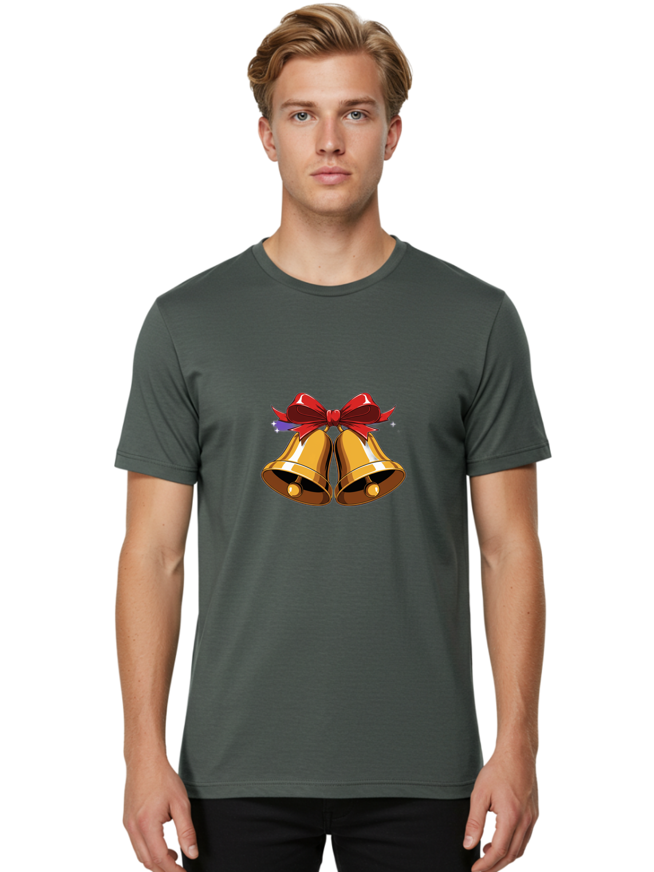 Golden-Bells-With-Red-Bow Men'S Graphic Tee, 100% Cotton, Comfortable Casual Summer Wear, Machine Washable, Golden Bells, Red Bow, Festive Decorations, Holiday Cheer, Jingling Sound, Christmas Theme, Shiny Bells, Celebratory Atmosphere, Baa772 30