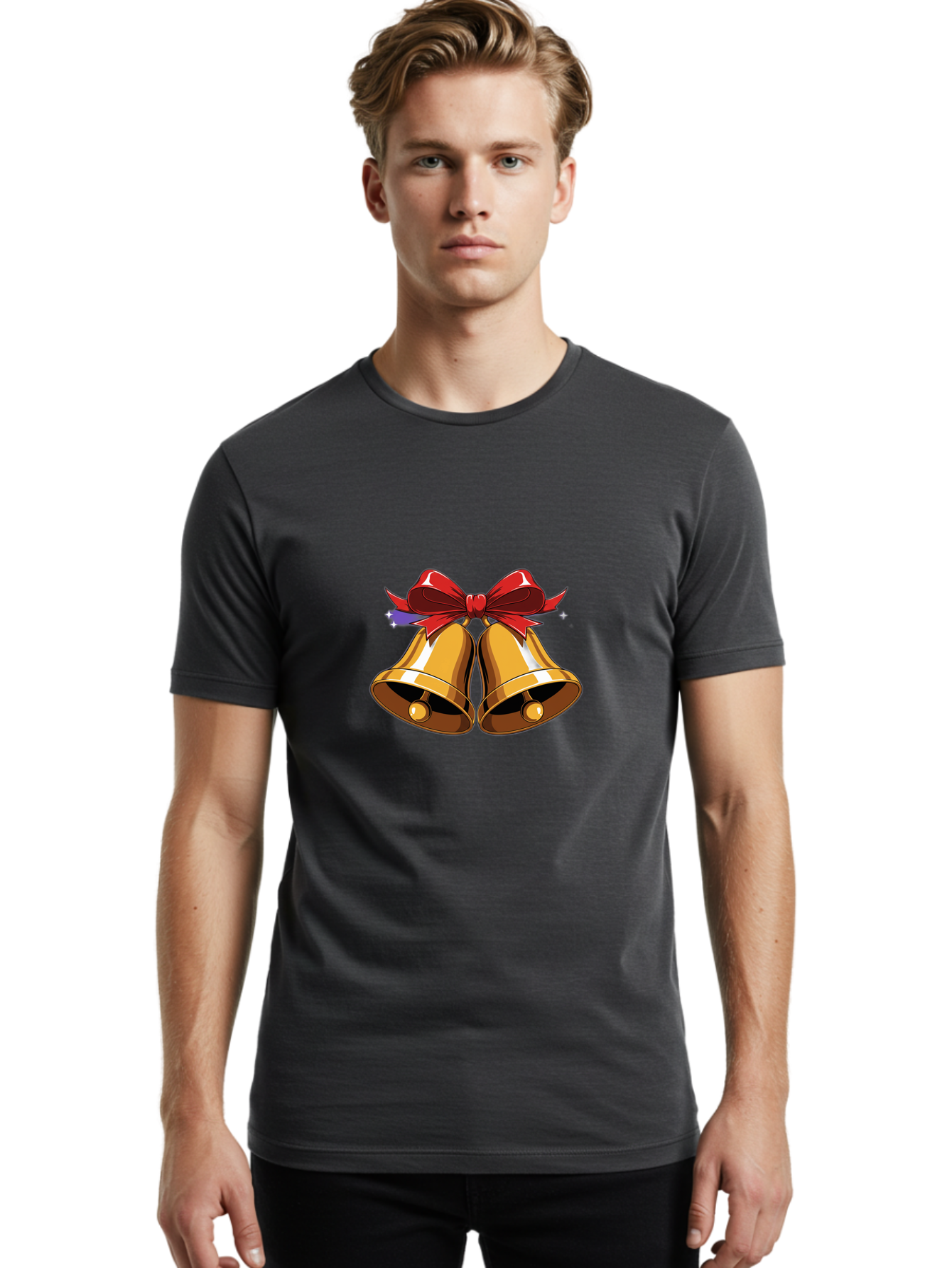 Golden-Bells-With-Red-Bow Men'S Graphic Tee, 100% Cotton, Comfortable Casual Summer Wear, Machine Washable, Golden Bells, Red Bow, Festive Decorations, Holiday Cheer, Jingling Sound, Christmas Theme, Shiny Bells, Celebratory Atmosphere, Baa772 26
