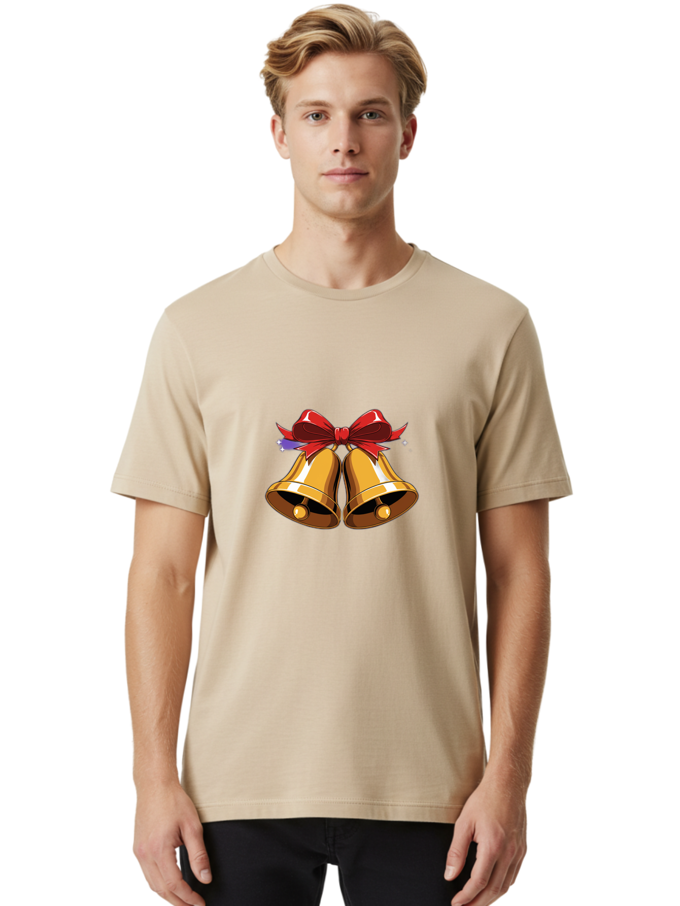 Golden-Bells-With-Red-Bow Men'S Graphic Tee, 100% Cotton, Comfortable Casual Summer Wear, Machine Washable, Golden Bells, Red Bow, Festive Decorations, Holiday Cheer, Jingling Sound, Christmas Theme, Shiny Bells, Celebratory Atmosphere, Baa772 18