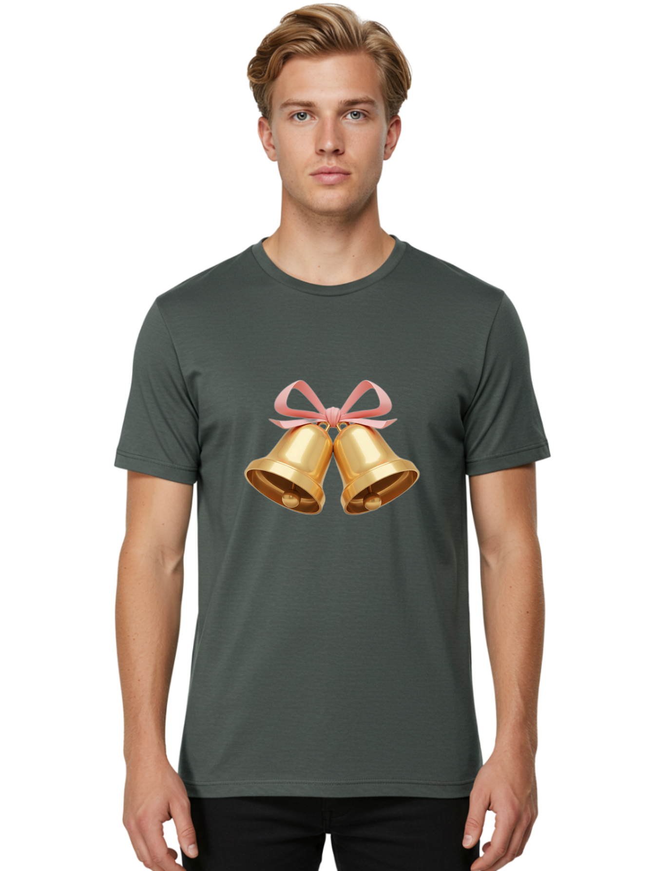 Golden-Bells Men'S Graphic Tee, 100% Cotton, Comfortable Casual Summer Wear, Machine Washable, Golden Bells, Pink Ribbon, Festive Decor, Holiday Decorations, Christmas Ornaments, Shiny Bells, Celebratory Symbols, Elegant Gift Wrapping Baa773 30