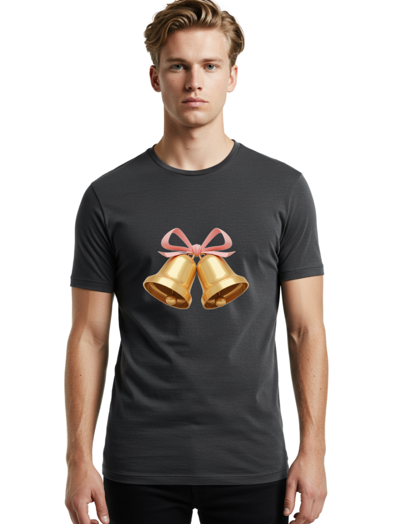 Golden-Bells Men'S Graphic Tee, 100% Cotton, Comfortable Casual Summer Wear, Machine Washable, Golden Bells, Pink Ribbon, Festive Decor, Holiday Decorations, Christmas Ornaments, Shiny Bells, Celebratory Symbols, Elegant Gift Wrapping Baa773 8
