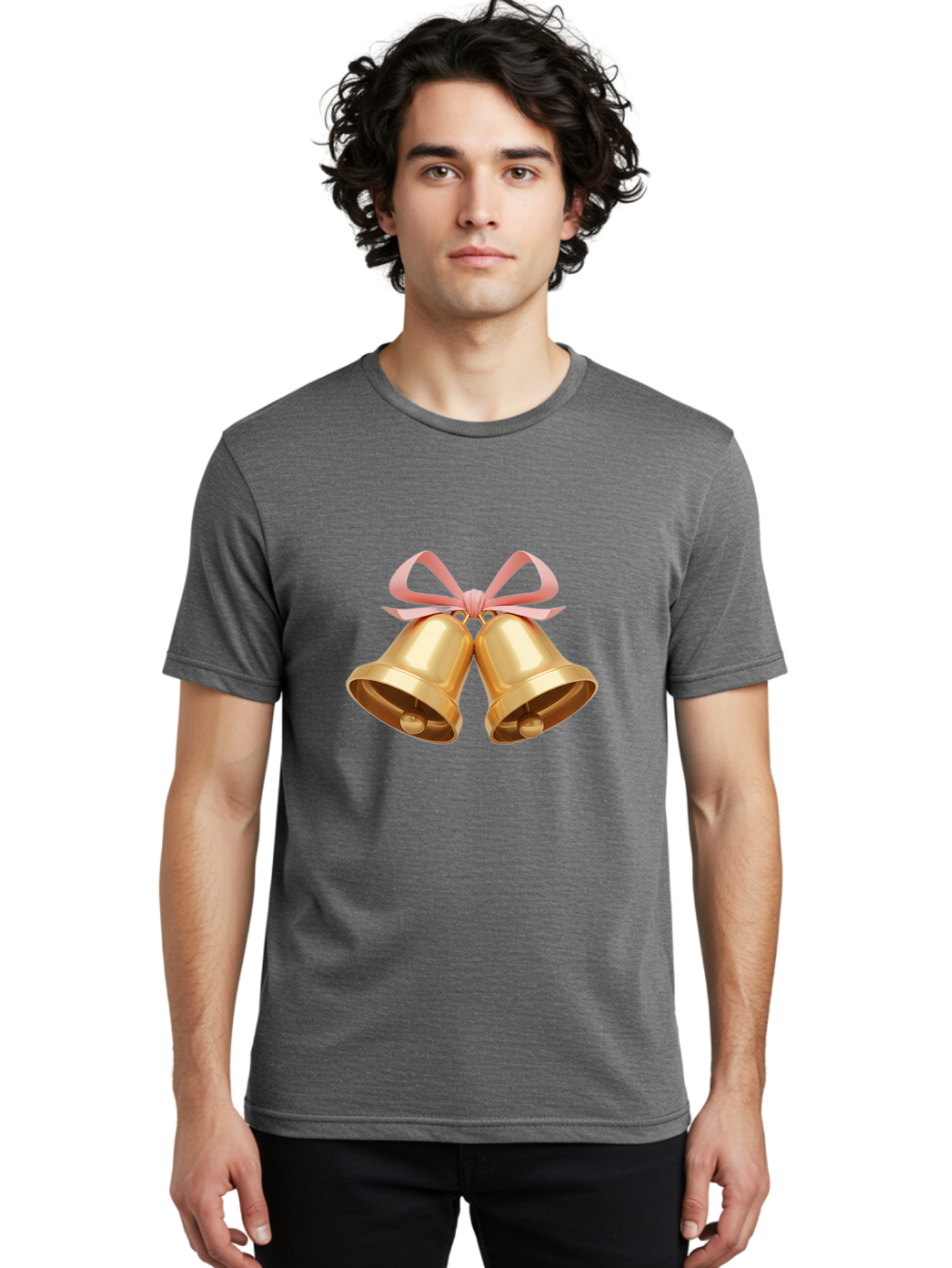 Golden-Bells Men'S Graphic Tee, 100% Cotton, Comfortable Casual Summer Wear, Machine Washable, Golden Bells, Pink Ribbon, Festive Decor, Holiday Decorations, Christmas Ornaments, Shiny Bells, Celebratory Symbols, Elegant Gift Wrapping Baa773 12