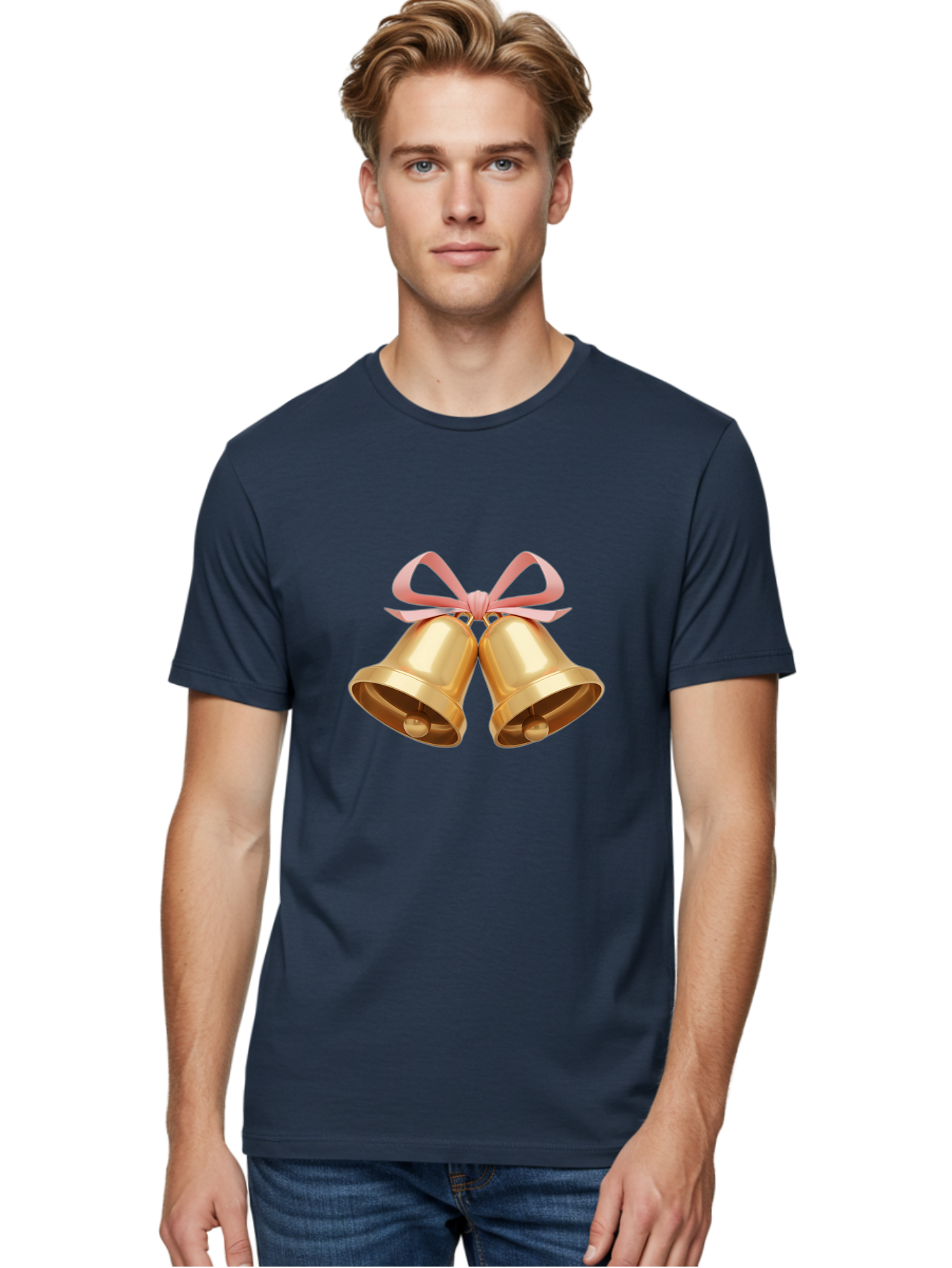 Golden-Bells Men'S Graphic Tee, 100% Cotton, Comfortable Casual Summer Wear, Machine Washable, Golden Bells, Pink Ribbon, Festive Decor, Holiday Decorations, Christmas Ornaments, Shiny Bells, Celebratory Symbols, Elegant Gift Wrapping Baa773 26