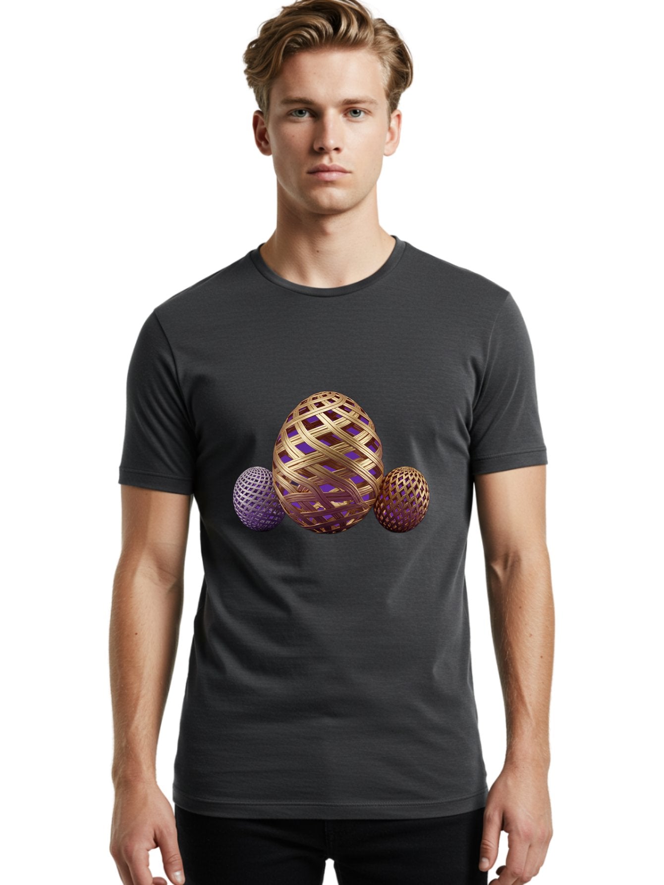 Golden-Eggs Men'S Graphic Tee, 100% Cotton, Comfortable Casual Summer Wear, Machine Washable, Lattice Eggs, Woven Eggs, Easter Eggs, Decorative Eggs, 3D Eggs, Purple And Gold, Festive Decor, Holiday Decorations, Egg Designs, Intricate Patterns Baa774 16