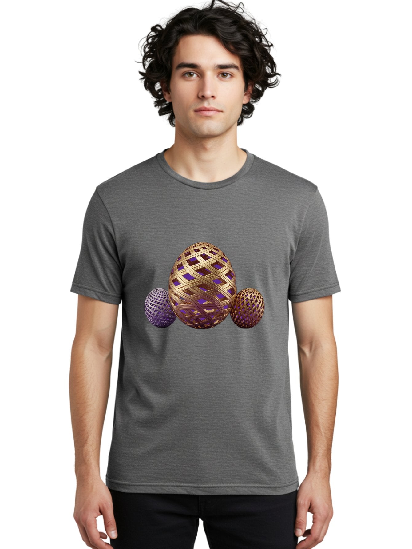 Golden-Eggs Men'S Graphic Tee, 100% Cotton, Comfortable Casual Summer Wear, Machine Washable, Lattice Eggs, Woven Eggs, Easter Eggs, Decorative Eggs, 3D Eggs, Purple And Gold, Festive Decor, Holiday Decorations, Egg Designs, Intricate Patterns Baa774 20