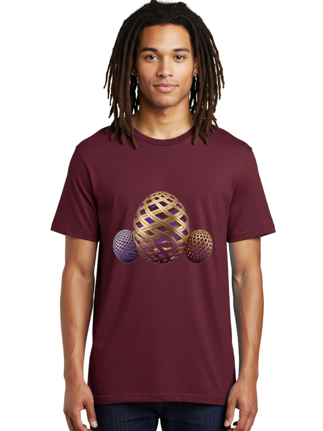 Golden-Eggs Men'S Graphic Tee, 100% Cotton, Comfortable Casual Summer Wear, Machine Washable, Lattice Eggs, Woven Eggs, Easter Eggs, Decorative Eggs, 3D Eggs, Purple And Gold, Festive Decor, Holiday Decorations, Egg Designs, Intricate Patterns Baa774