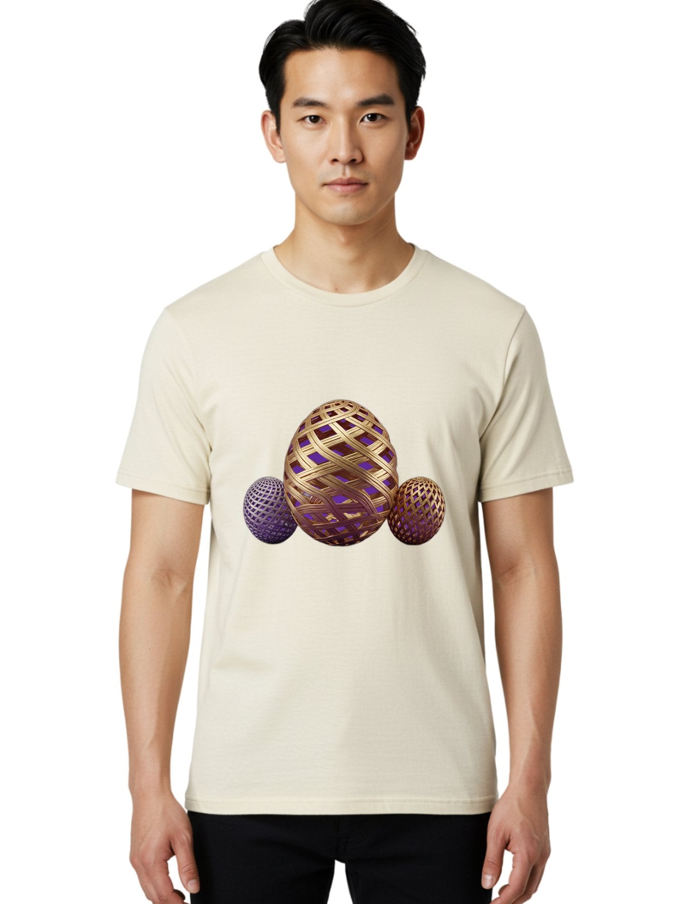 Golden-Eggs Men'S Graphic Tee, 100% Cotton, Comfortable Casual Summer Wear, Machine Washable, Lattice Eggs, Woven Eggs, Easter Eggs, Decorative Eggs, 3D Eggs, Purple And Gold, Festive Decor, Holiday Decorations, Egg Designs, Intricate Patterns Baa774 25