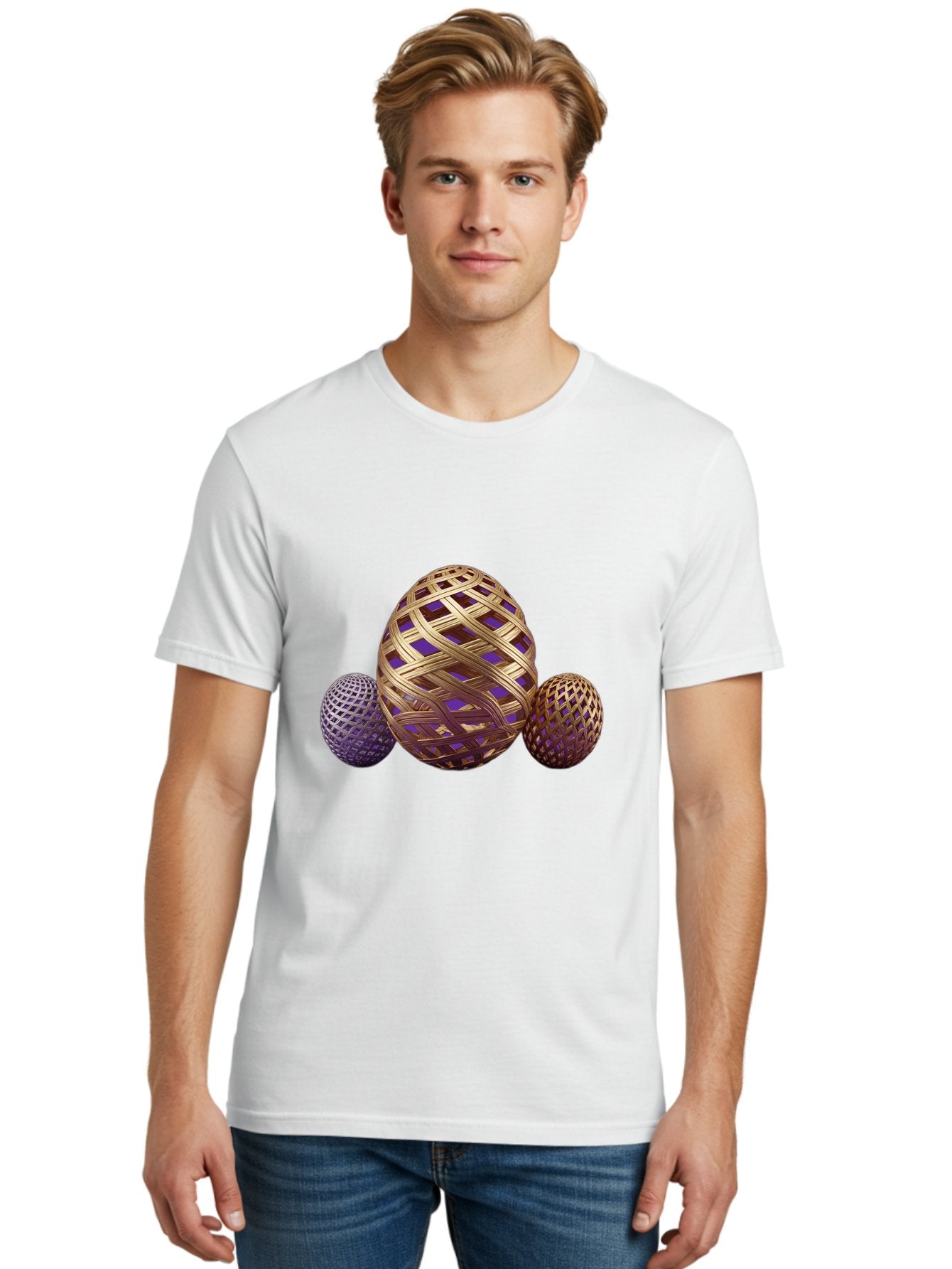 Golden-Eggs Men'S Graphic Tee, 100% Cotton, Comfortable Casual Summer Wear, Machine Washable, Lattice Eggs, Woven Eggs, Easter Eggs, Decorative Eggs, 3D Eggs, Purple And Gold, Festive Decor, Holiday Decorations, Egg Designs, Intricate Patterns Baa774 18