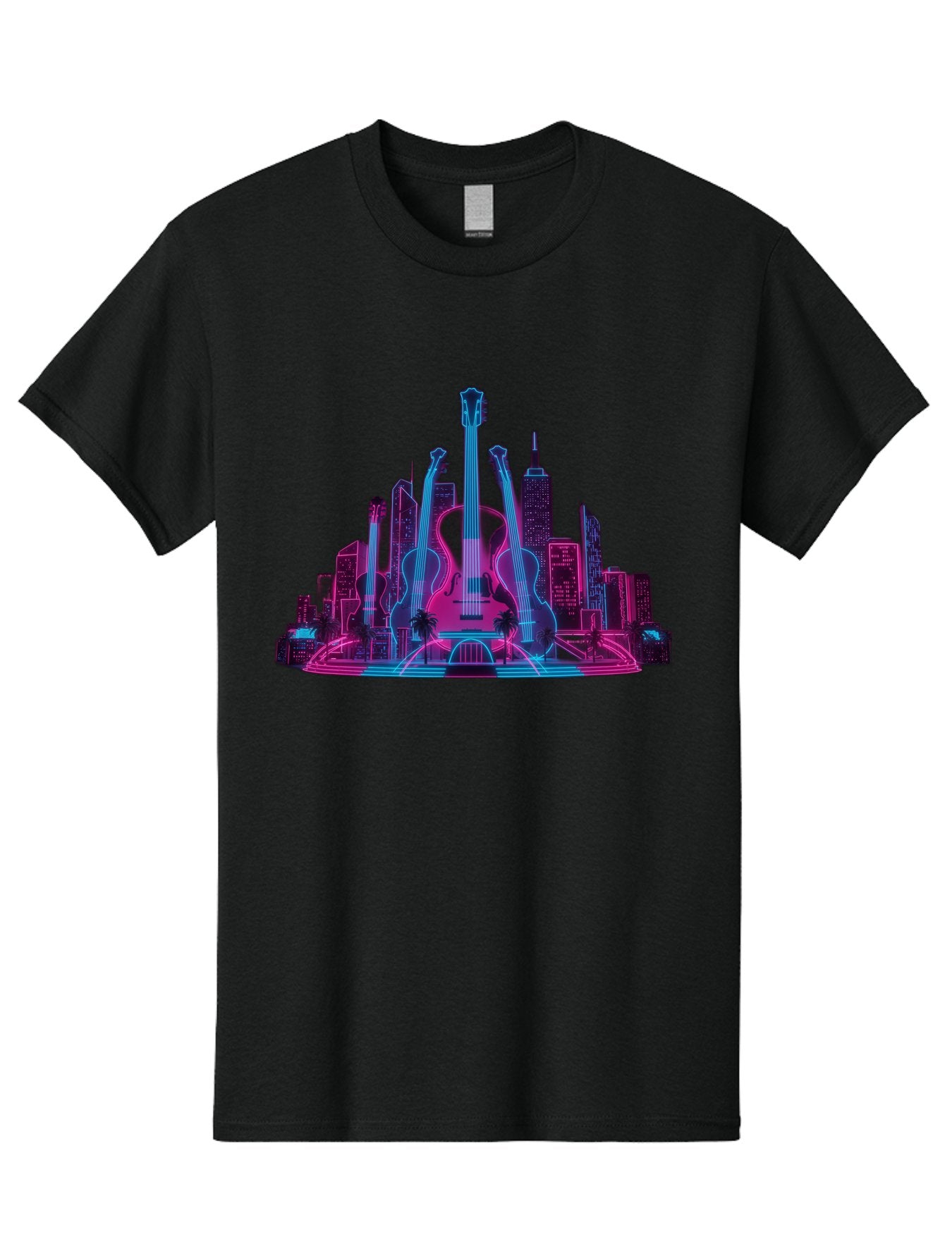 Guitars-Cityscape Men'S Graphic Tee, 100% Cotton, Comfortable Casual Summer Wear, Machine Washable, Guitars, City Skyline, Neon Lights, Futuristic Cityscape, Urban Landscape, Music Scene, Vibrant Colors, Electric Guitars Baa776 15