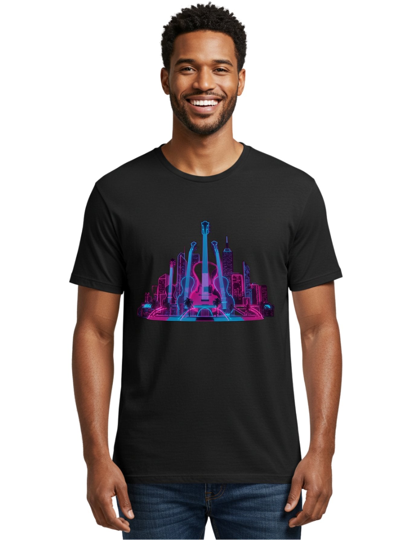 Guitars-Cityscape Men'S Graphic Tee, 100% Cotton, Comfortable Casual Summer Wear, Machine Washable, Guitars, City Skyline, Neon Lights, Futuristic Cityscape, Urban Landscape, Music Scene, Vibrant Colors, Electric Guitars Baa776 30