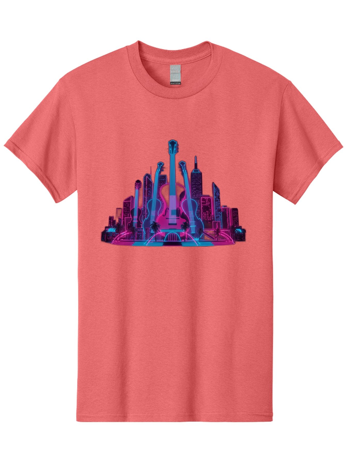 Guitars-Cityscape Men'S Graphic Tee, 100% Cotton, Comfortable Casual Summer Wear, Machine Washable, Guitars, City Skyline, Neon Lights, Futuristic Cityscape, Urban Landscape, Music Scene, Vibrant Colors, Electric Guitars Baa776 6