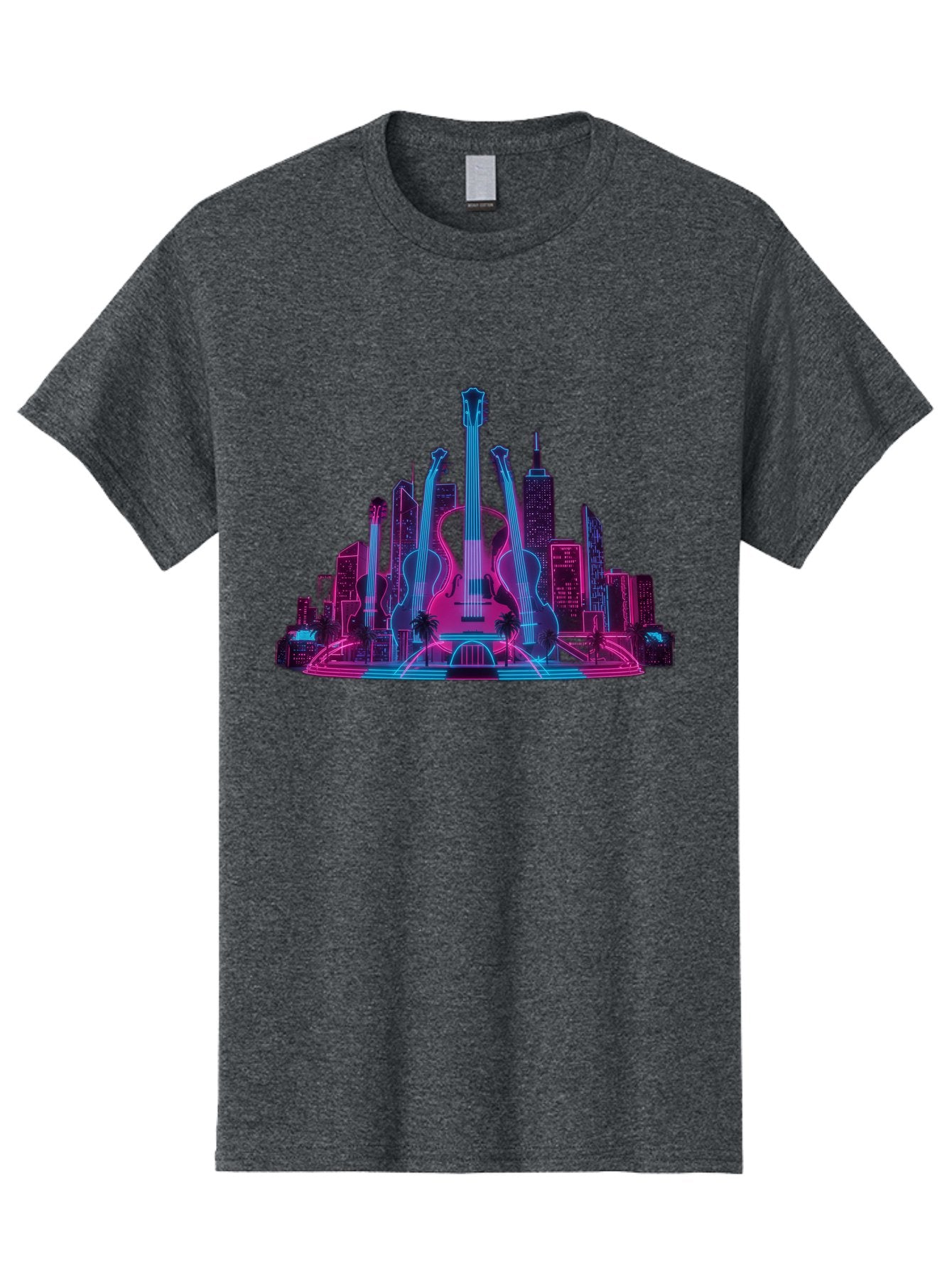 Guitars-Cityscape Men'S Graphic Tee, 100% Cotton, Comfortable Casual Summer Wear, Machine Washable, Guitars, City Skyline, Neon Lights, Futuristic Cityscape, Urban Landscape, Music Scene, Vibrant Colors, Electric Guitars Baa776