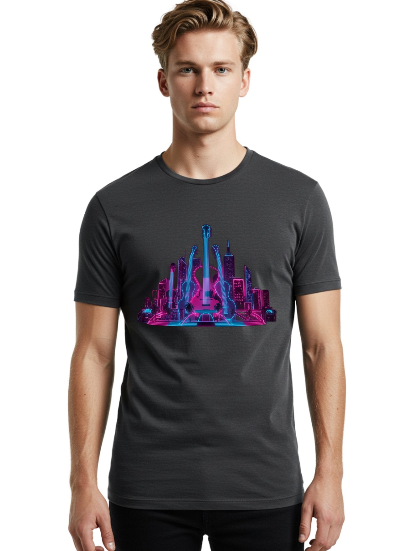 Guitars-Cityscape Men'S Graphic Tee, 100% Cotton, Comfortable Casual Summer Wear, Machine Washable, Guitars, City Skyline, Neon Lights, Futuristic Cityscape, Urban Landscape, Music Scene, Vibrant Colors, Electric Guitars Baa776 21