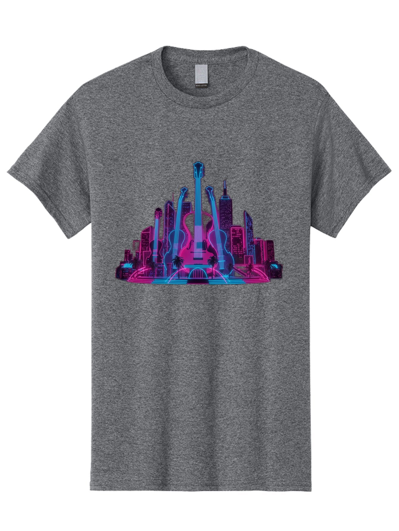 Guitars-Cityscape Men'S Graphic Tee, 100% Cotton, Comfortable Casual Summer Wear, Machine Washable, Guitars, City Skyline, Neon Lights, Futuristic Cityscape, Urban Landscape, Music Scene, Vibrant Colors, Electric Guitars Baa776 9