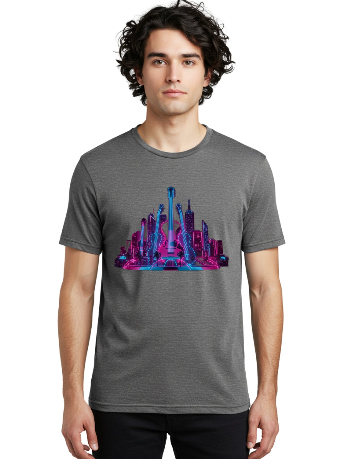 Guitars-Cityscape Men'S Graphic Tee, 100% Cotton, Comfortable Casual Summer Wear, Machine Washable, Guitars, City Skyline, Neon Lights, Futuristic Cityscape, Urban Landscape, Music Scene, Vibrant Colors, Electric Guitars Baa776 26