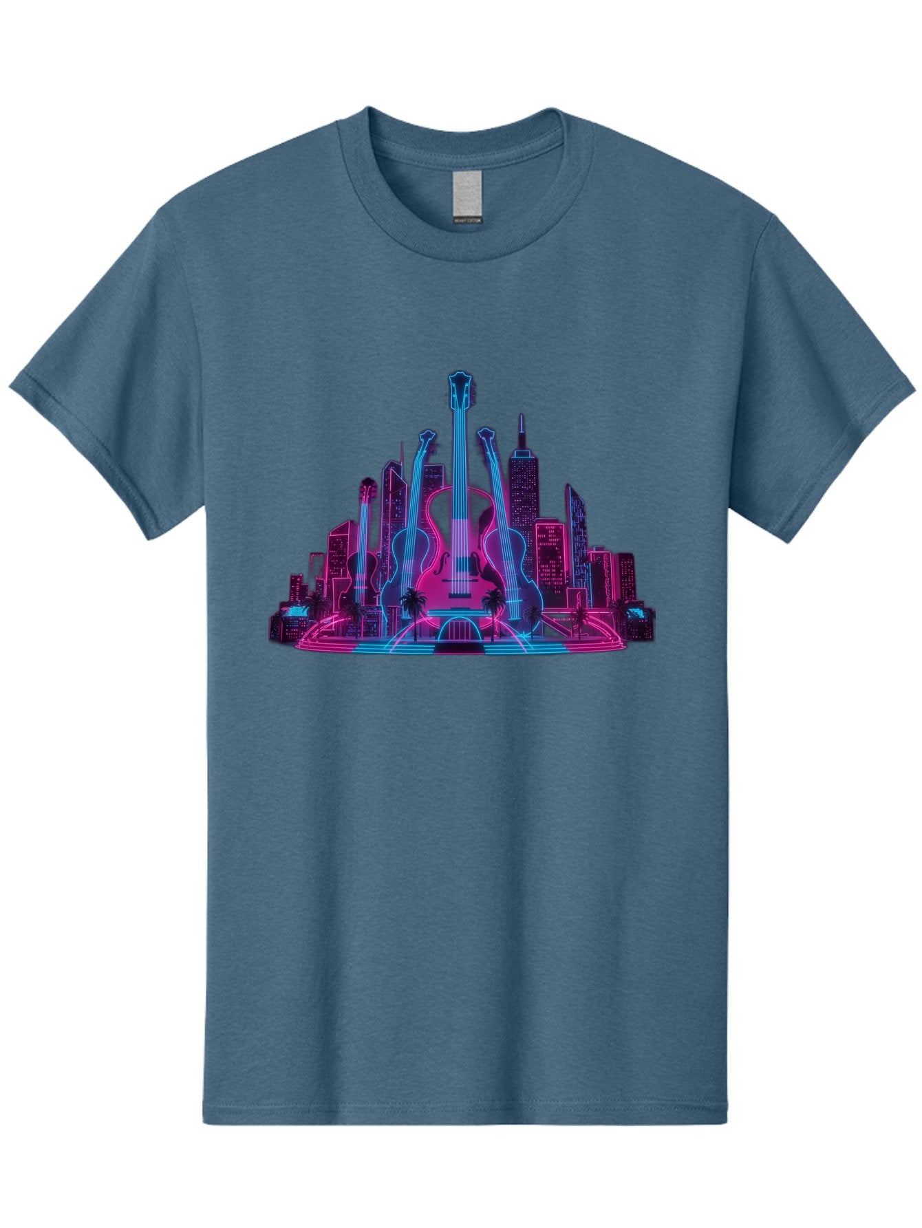 Guitars-Cityscape Men'S Graphic Tee, 100% Cotton, Comfortable Casual Summer Wear, Machine Washable, Guitars, City Skyline, Neon Lights, Futuristic Cityscape, Urban Landscape, Music Scene, Vibrant Colors, Electric Guitars Baa776 13