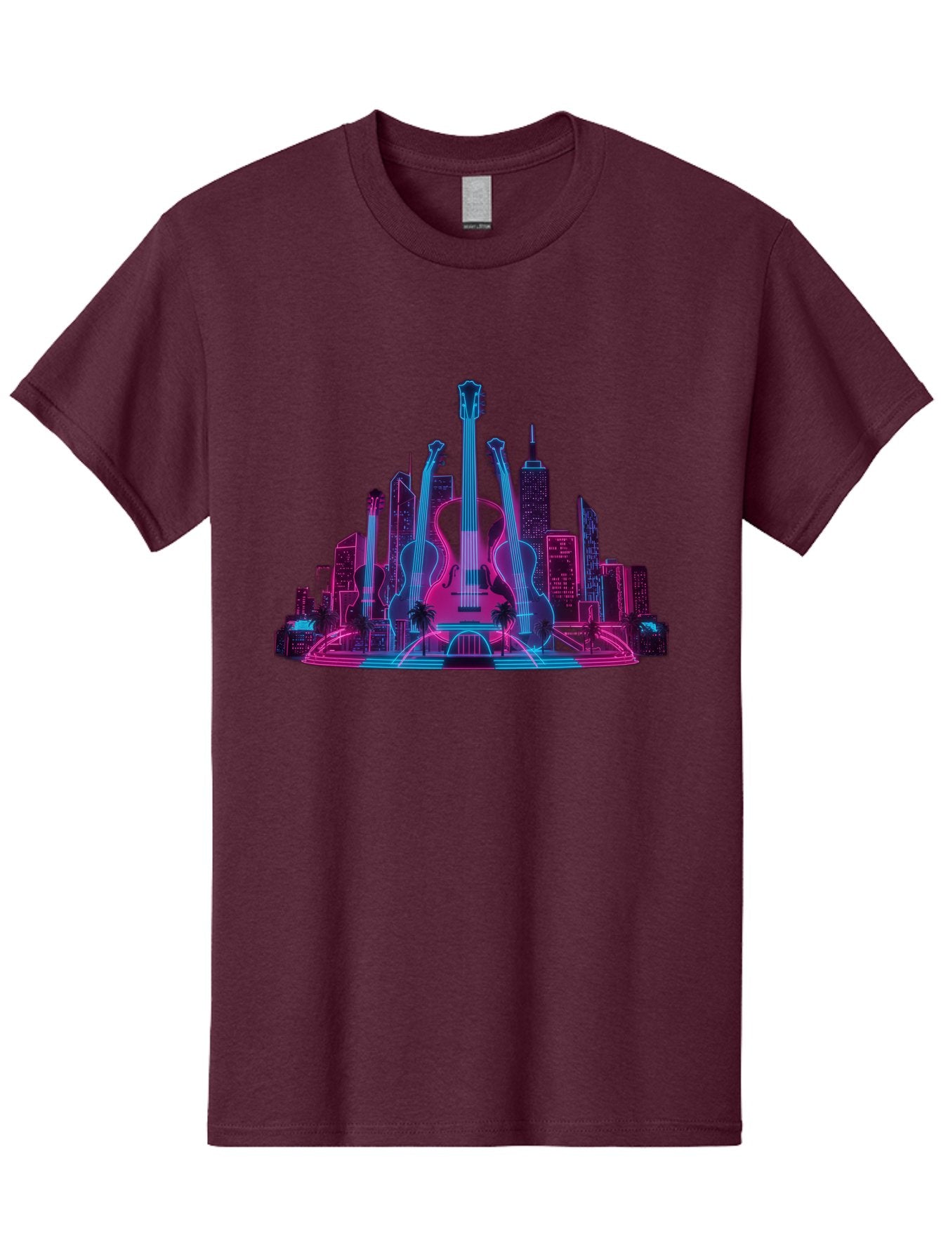 Guitars-Cityscape Men'S Graphic Tee, 100% Cotton, Comfortable Casual Summer Wear, Machine Washable, Guitars, City Skyline, Neon Lights, Futuristic Cityscape, Urban Landscape, Music Scene, Vibrant Colors, Electric Guitars Baa776 7