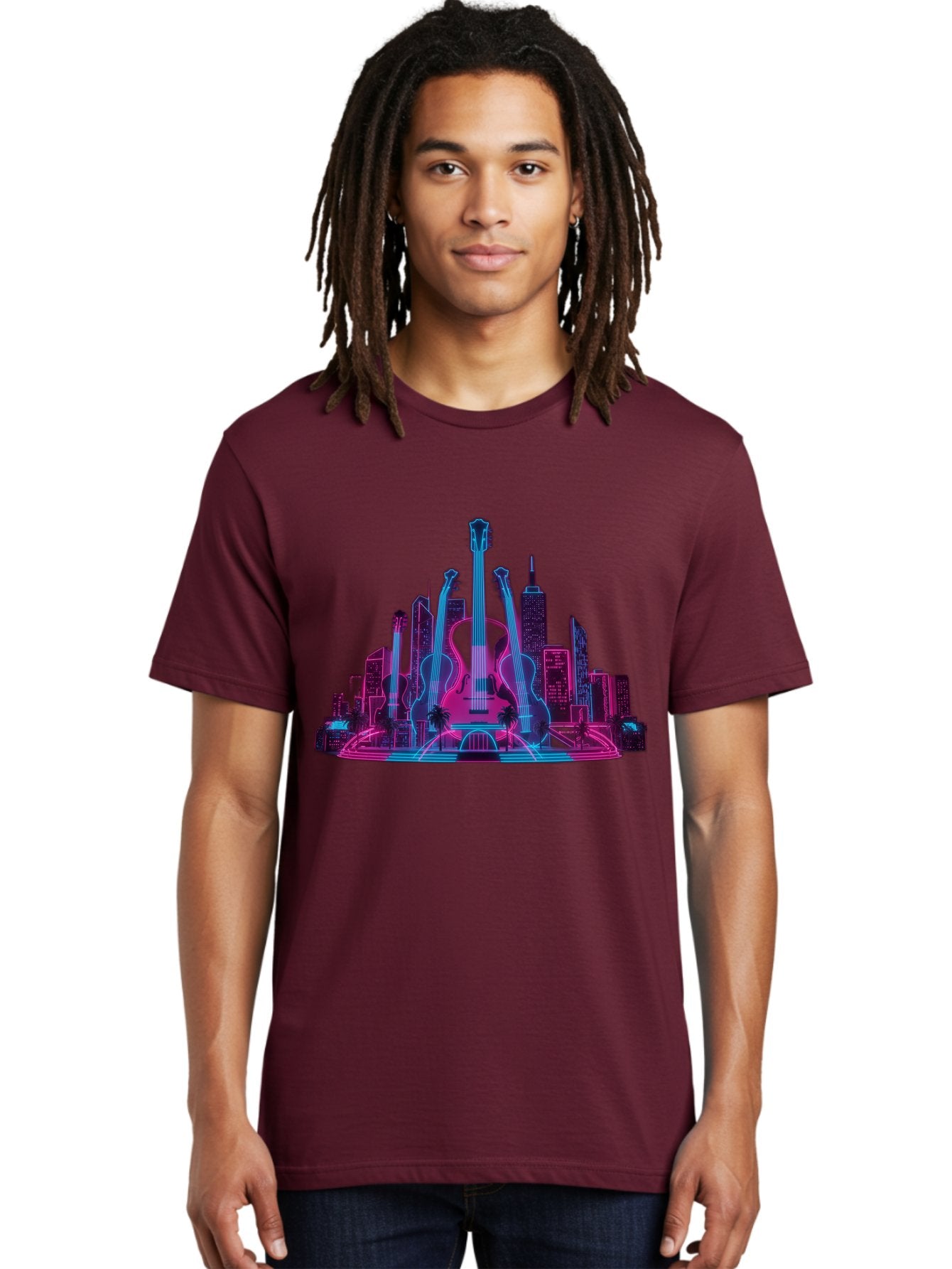 Guitars-Cityscape Men'S Graphic Tee, 100% Cotton, Comfortable Casual Summer Wear, Machine Washable, Guitars, City Skyline, Neon Lights, Futuristic Cityscape, Urban Landscape, Music Scene, Vibrant Colors, Electric Guitars Baa776 16