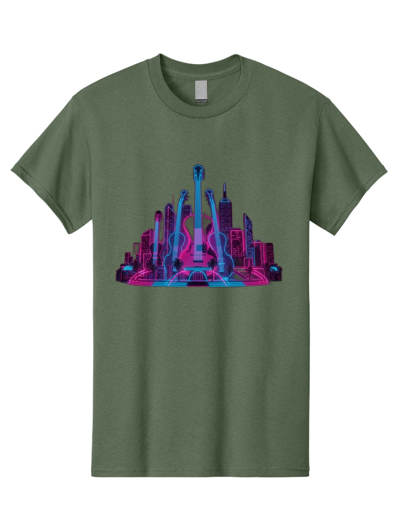 Guitars-Cityscape Men'S Graphic Tee, 100% Cotton, Comfortable Casual Summer Wear, Machine Washable, Guitars, City Skyline, Neon Lights, Futuristic Cityscape, Urban Landscape, Music Scene, Vibrant Colors, Electric Guitars Baa776 4