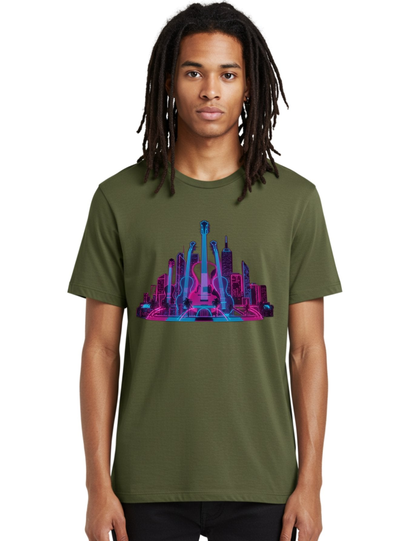 Guitars-Cityscape Men'S Graphic Tee, 100% Cotton, Comfortable Casual Summer Wear, Machine Washable, Guitars, City Skyline, Neon Lights, Futuristic Cityscape, Urban Landscape, Music Scene, Vibrant Colors, Electric Guitars Baa776 18