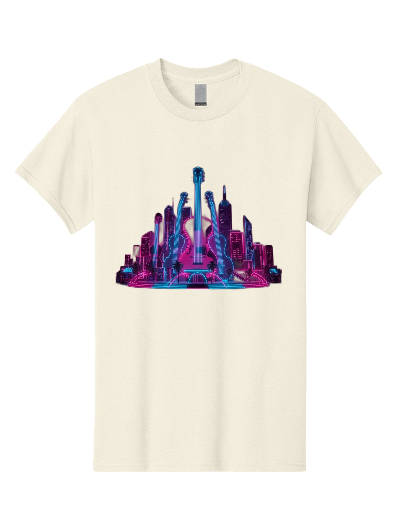 Guitars-Cityscape Men'S Graphic Tee, 100% Cotton, Comfortable Casual Summer Wear, Machine Washable, Guitars, City Skyline, Neon Lights, Futuristic Cityscape, Urban Landscape, Music Scene, Vibrant Colors, Electric Guitars Baa776 11