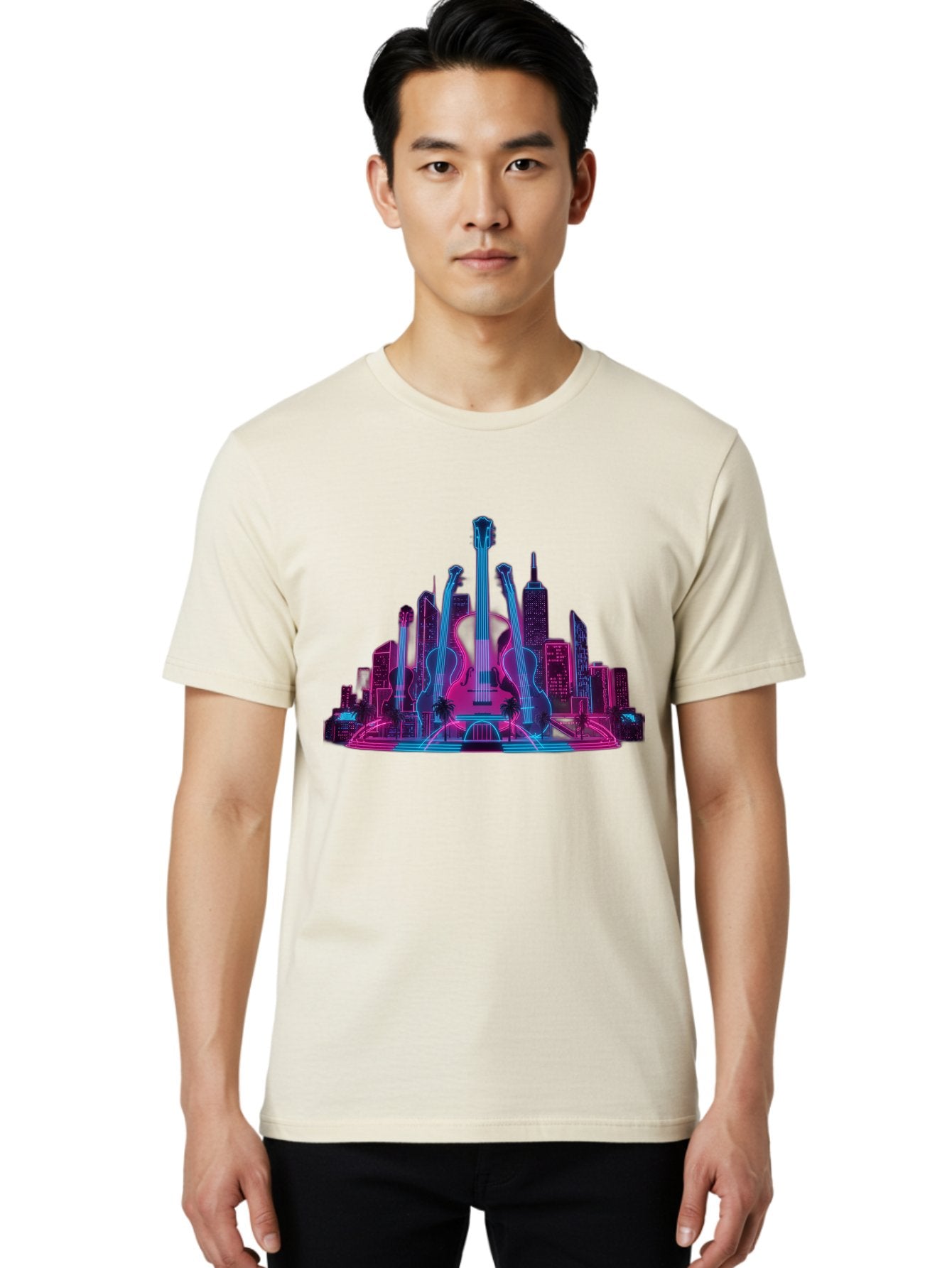 Guitars-Cityscape Men'S Graphic Tee, 100% Cotton, Comfortable Casual Summer Wear, Machine Washable, Guitars, City Skyline, Neon Lights, Futuristic Cityscape, Urban Landscape, Music Scene, Vibrant Colors, Electric Guitars Baa776 27