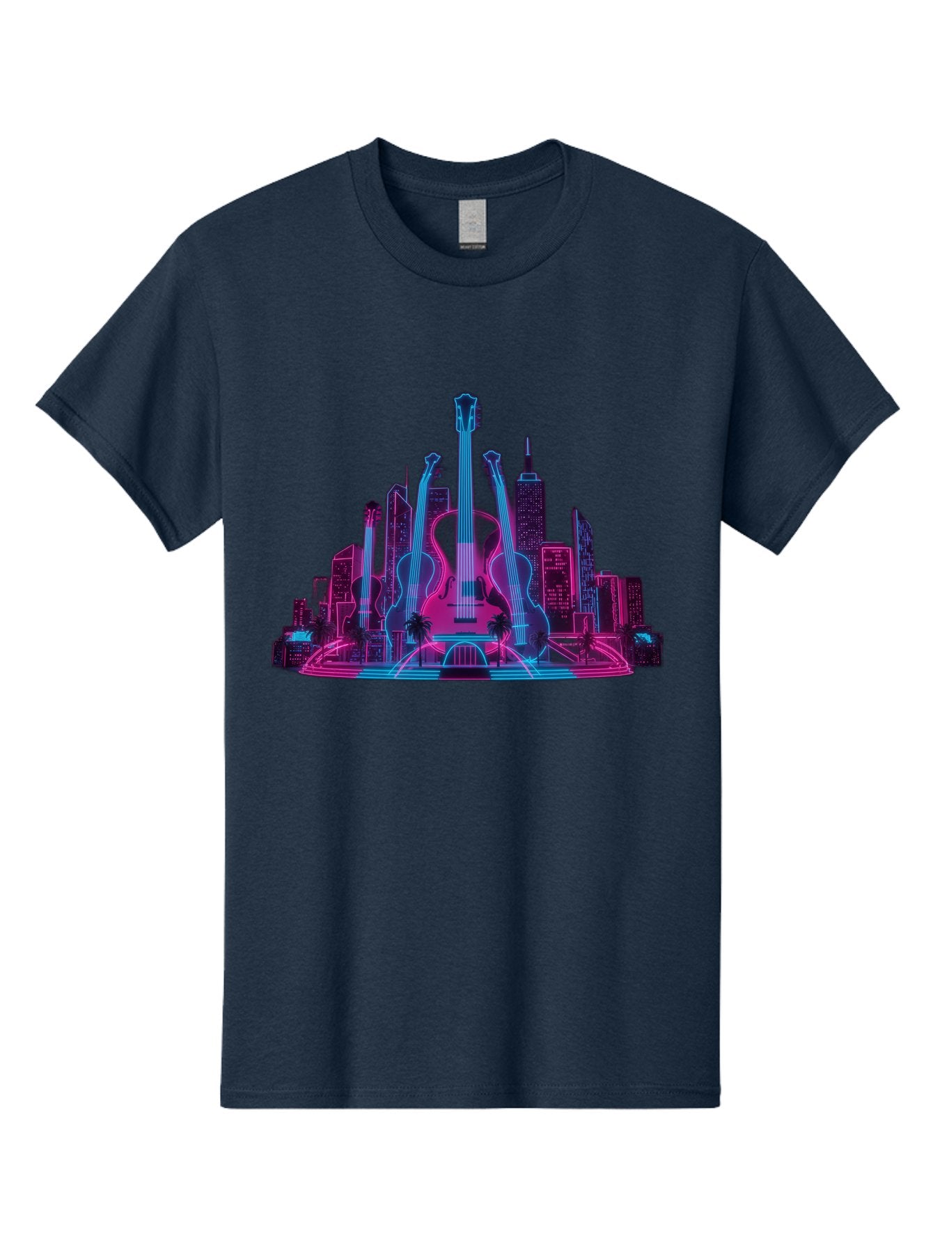 Guitars-Cityscape Men'S Graphic Tee, 100% Cotton, Comfortable Casual Summer Wear, Machine Washable, Guitars, City Skyline, Neon Lights, Futuristic Cityscape, Urban Landscape, Music Scene, Vibrant Colors, Electric Guitars Baa776 5