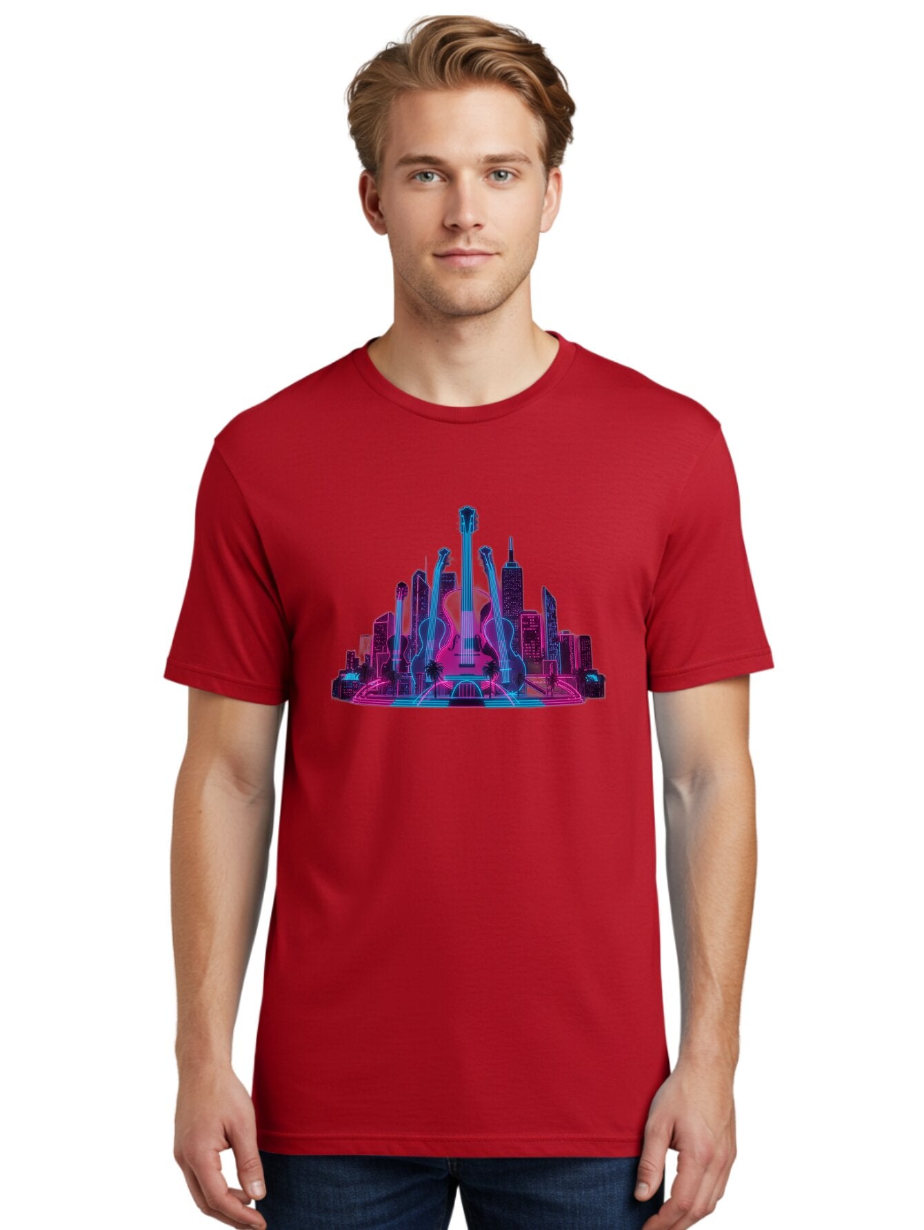 Guitars-Cityscape Men'S Graphic Tee, 100% Cotton, Comfortable Casual Summer Wear, Machine Washable, Guitars, City Skyline, Neon Lights, Futuristic Cityscape, Urban Landscape, Music Scene, Vibrant Colors, Electric Guitars Baa776 28