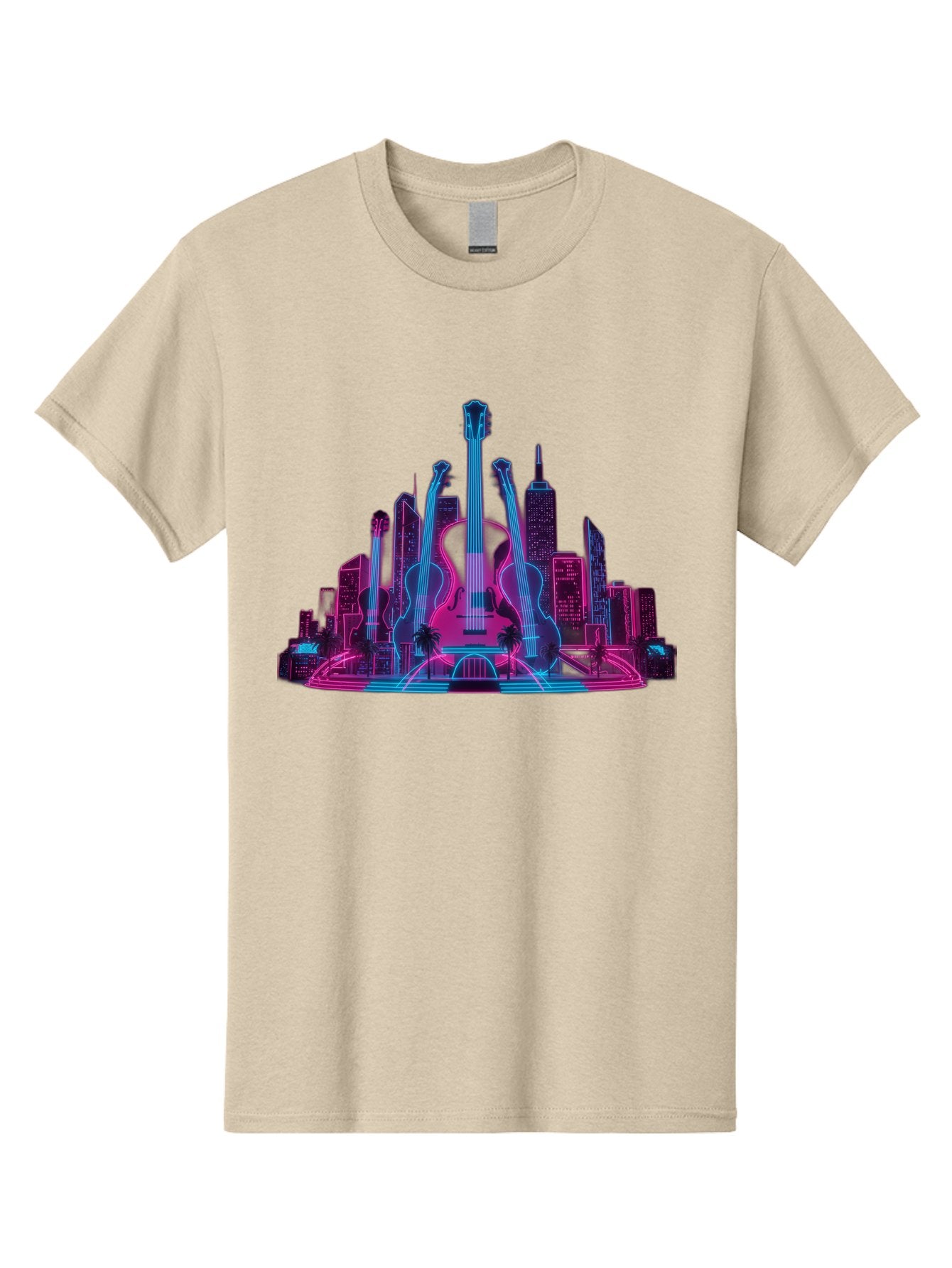 Guitars-Cityscape Men'S Graphic Tee, 100% Cotton, Comfortable Casual Summer Wear, Machine Washable, Guitars, City Skyline, Neon Lights, Futuristic Cityscape, Urban Landscape, Music Scene, Vibrant Colors, Electric Guitars Baa776