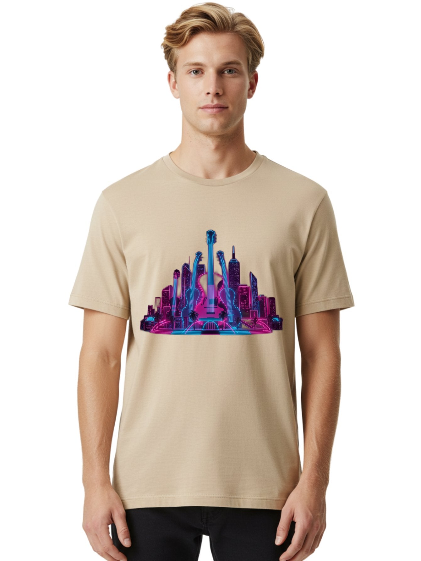 Guitars-Cityscape Men'S Graphic Tee, 100% Cotton, Comfortable Casual Summer Wear, Machine Washable, Guitars, City Skyline, Neon Lights, Futuristic Cityscape, Urban Landscape, Music Scene, Vibrant Colors, Electric Guitars Baa776 19