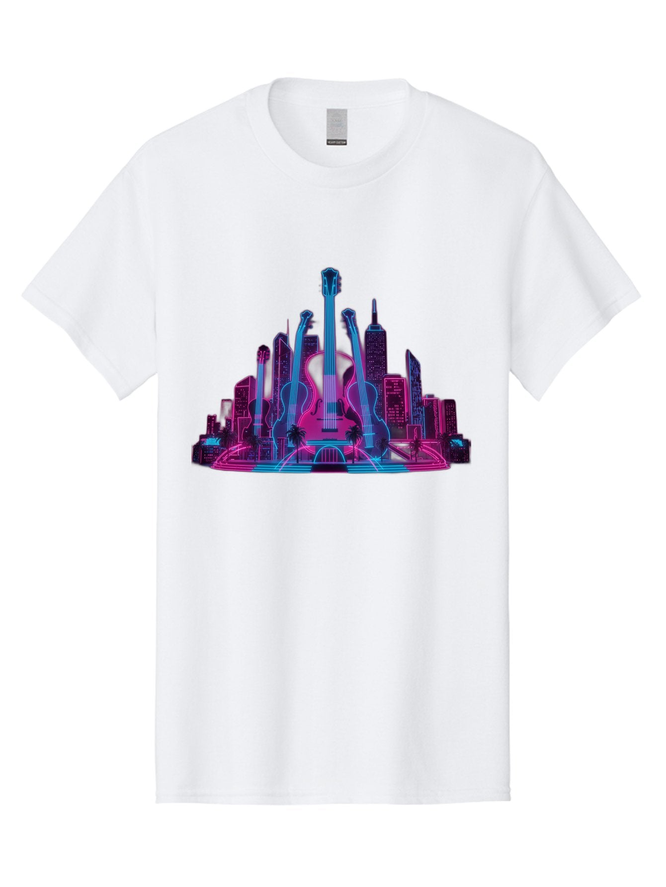 Guitars-Cityscape Men'S Graphic Tee, 100% Cotton, Comfortable Casual Summer Wear, Machine Washable, Guitars, City Skyline, Neon Lights, Futuristic Cityscape, Urban Landscape, Music Scene, Vibrant Colors, Electric Guitars Baa776 3
