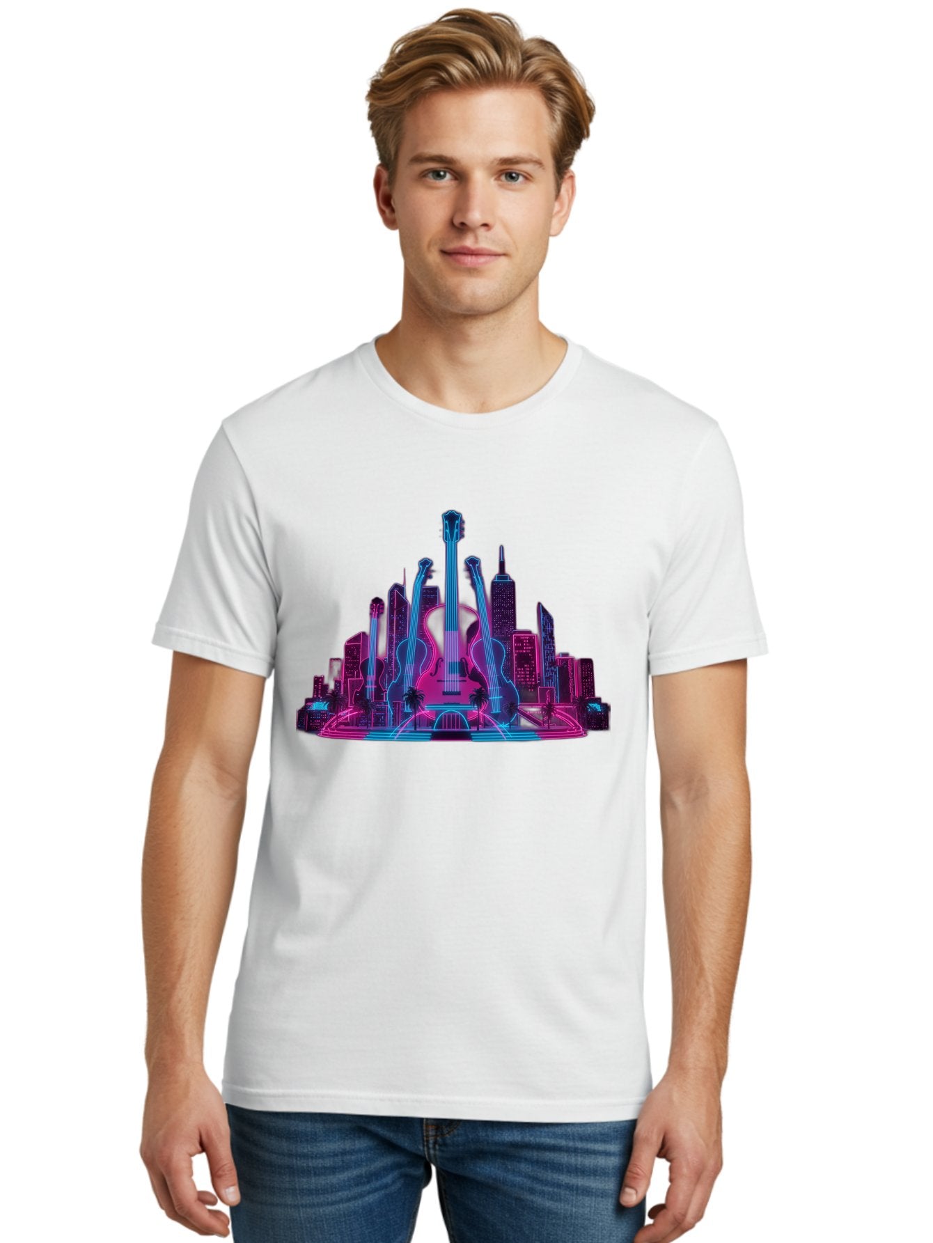 Guitars-Cityscape Men'S Graphic Tee, 100% Cotton, Comfortable Casual Summer Wear, Machine Washable, Guitars, City Skyline, Neon Lights, Futuristic Cityscape, Urban Landscape, Music Scene, Vibrant Colors, Electric Guitars Baa776 22