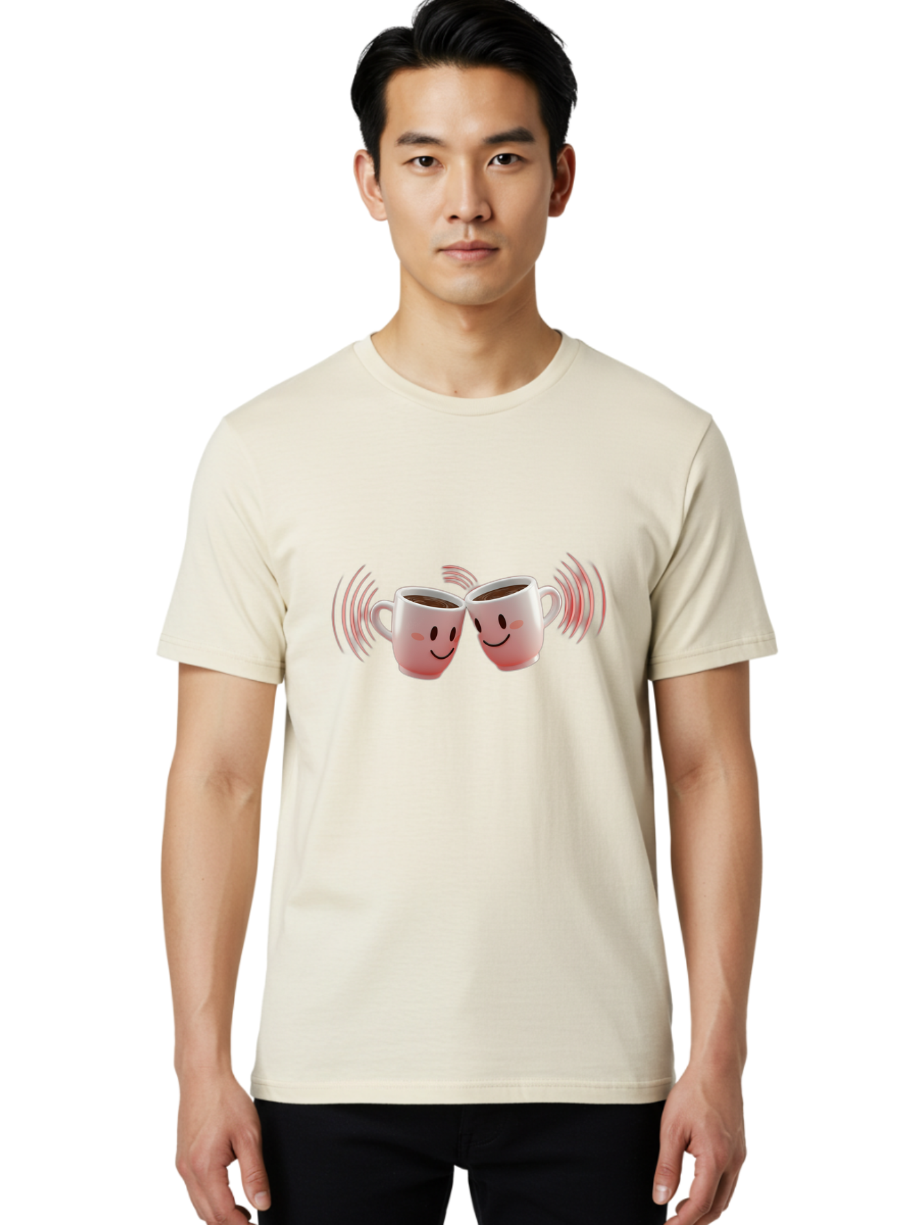 Happy-Coffee-Cups Men'S Graphic Tee, 100% Cotton, Comfortable Casual Summer Wear, Machine Washable, Clinking Coffee Cups, Smiley Faces, Coffee Break, Happy Vibes, Social Bonding, Friendship, Joyful Moment, Cute Cartoon, Coffee Lovers Baa781