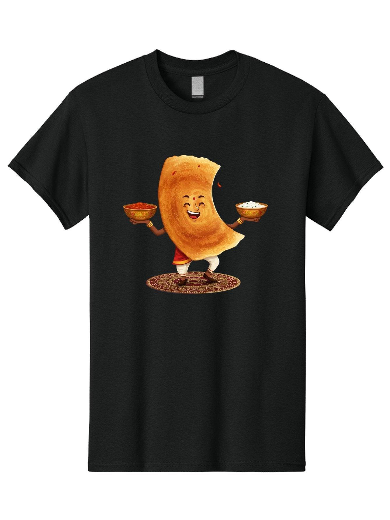 Happy-Dosa-With-Chutney Men'S Graphic Tee, 100% Cotton, Comfortable Casual Summer Wear, Machine Washable, Cartoon Roti Character, Indian Flatbread, Traditional Attire, Curry, Rice Bowls, Happy Expression, Cultural Representation, Baa783 13