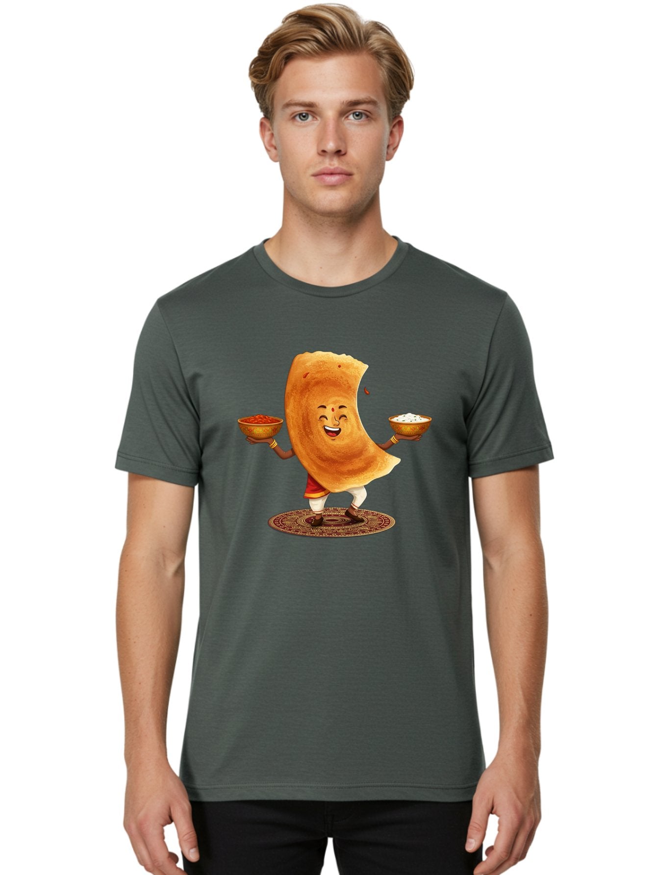 Happy-Dosa-With-Chutney Men'S Graphic Tee, 100% Cotton, Comfortable Casual Summer Wear, Machine Washable, Cartoon Roti Character, Indian Flatbread, Traditional Attire, Curry, Rice Bowls, Happy Expression, Cultural Representation, Baa783 23