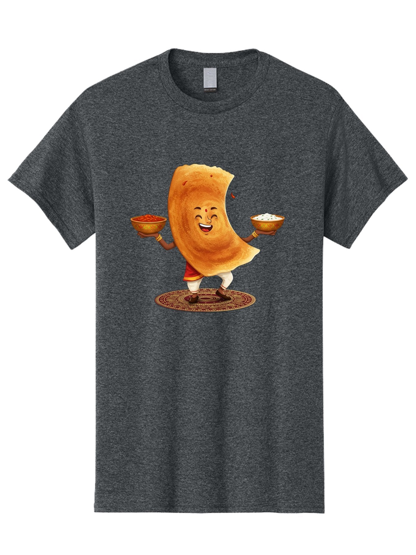 Happy-Dosa-With-Chutney Men'S Graphic Tee, 100% Cotton, Comfortable Casual Summer Wear, Machine Washable, Cartoon Roti Character, Indian Flatbread, Traditional Attire, Curry, Rice Bowls, Happy Expression, Cultural Representation, Baa783