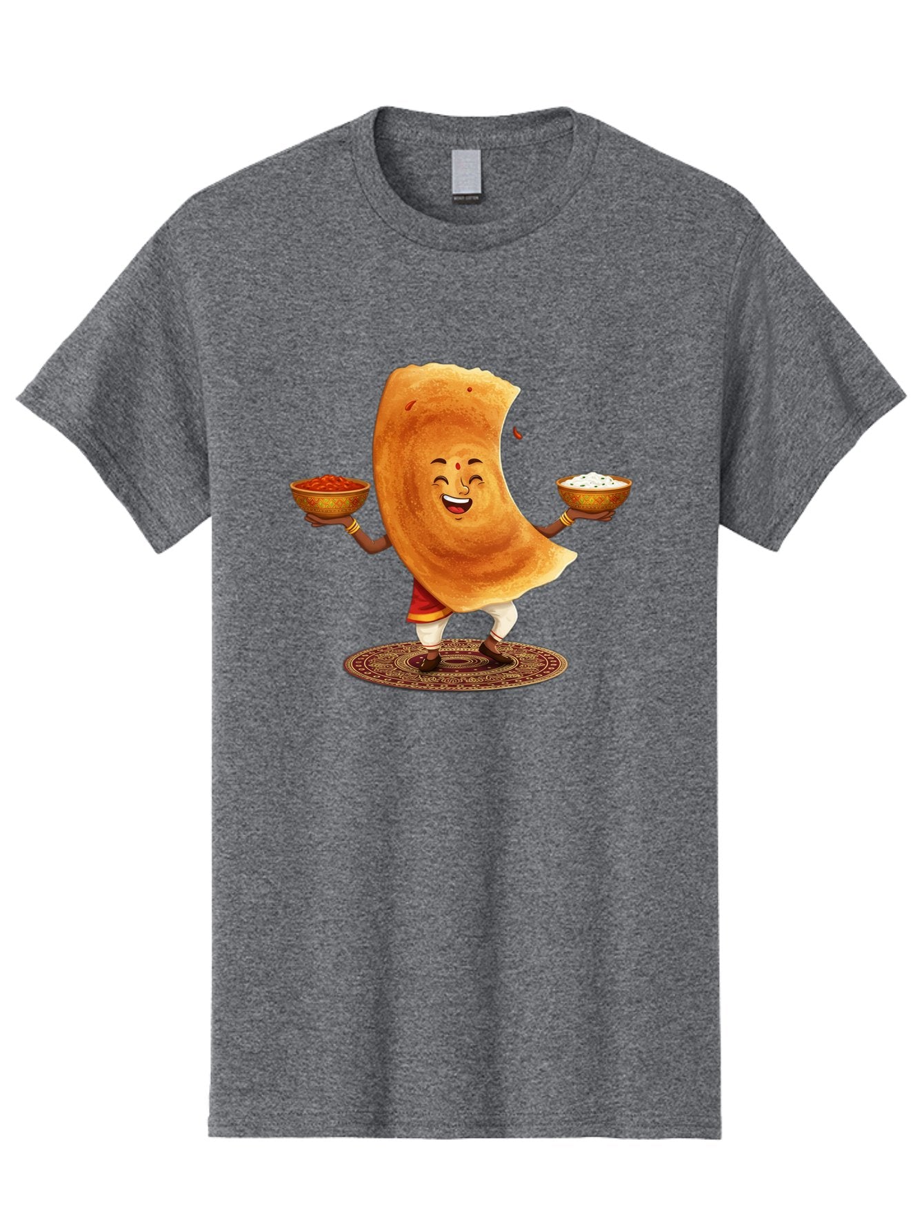 Happy-Dosa-With-Chutney Men'S Graphic Tee, 100% Cotton, Comfortable Casual Summer Wear, Machine Washable, Cartoon Roti Character, Indian Flatbread, Traditional Attire, Curry, Rice Bowls, Happy Expression, Cultural Representation, Baa783 11