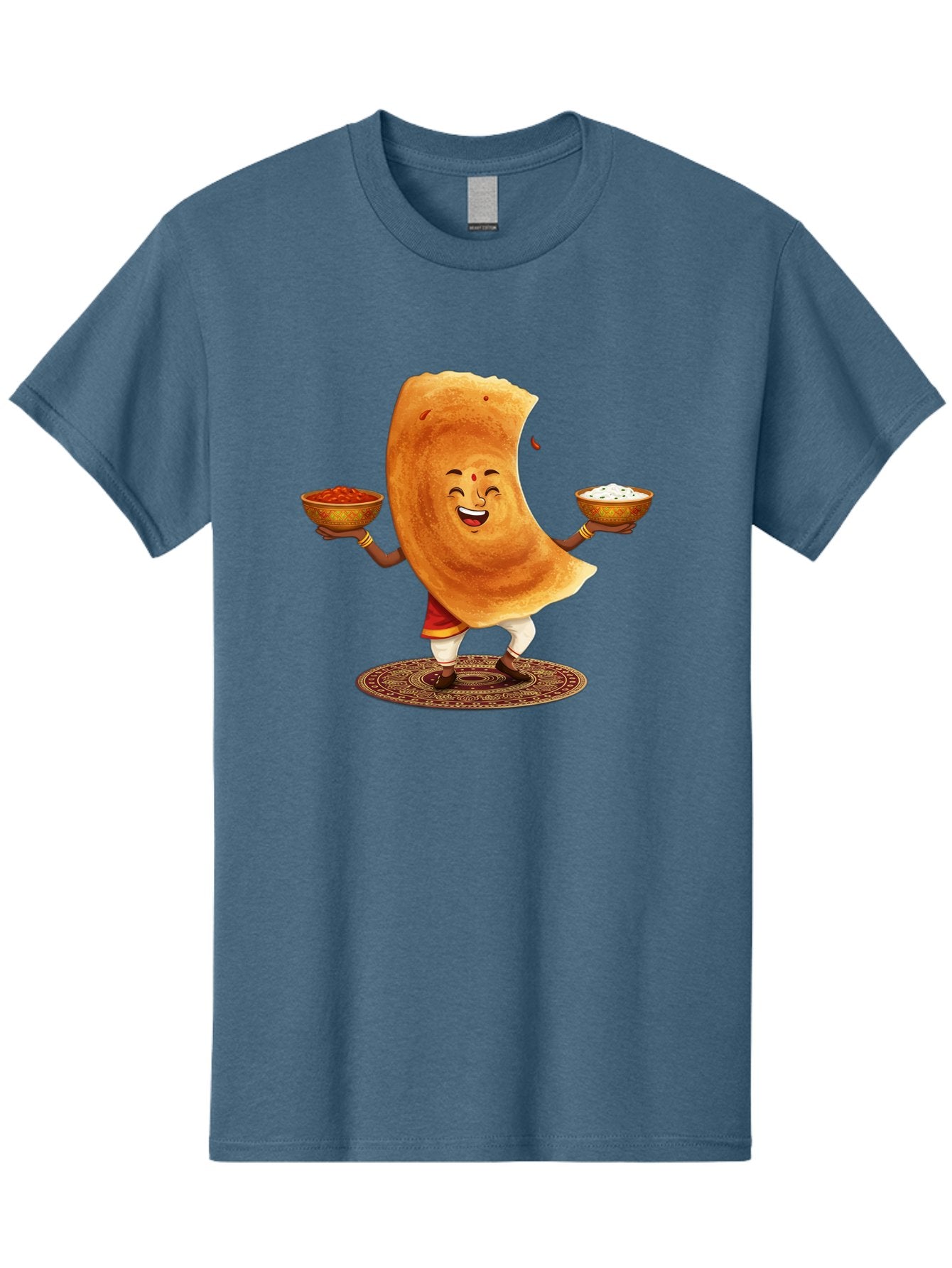 Happy-Dosa-With-Chutney Men'S Graphic Tee, 100% Cotton, Comfortable Casual Summer Wear, Machine Washable, Cartoon Roti Character, Indian Flatbread, Traditional Attire, Curry, Rice Bowls, Happy Expression, Cultural Representation, Baa783 9