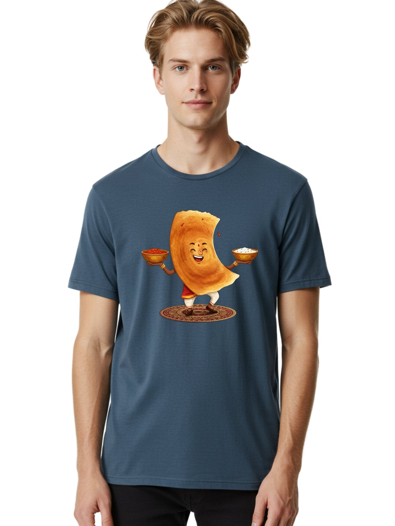 Happy-Dosa-With-Chutney Men'S Graphic Tee, 100% Cotton, Comfortable Casual Summer Wear, Machine Washable, Cartoon Roti Character, Indian Flatbread, Traditional Attire, Curry, Rice Bowls, Happy Expression, Cultural Representation, Baa783 26