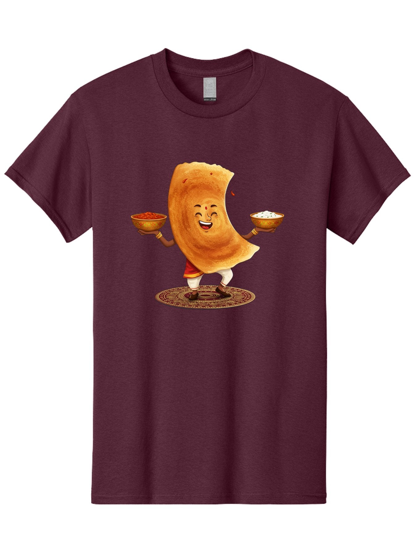 Happy-Dosa-With-Chutney Men'S Graphic Tee, 100% Cotton, Comfortable Casual Summer Wear, Machine Washable, Cartoon Roti Character, Indian Flatbread, Traditional Attire, Curry, Rice Bowls, Happy Expression, Cultural Representation, Baa783 14
